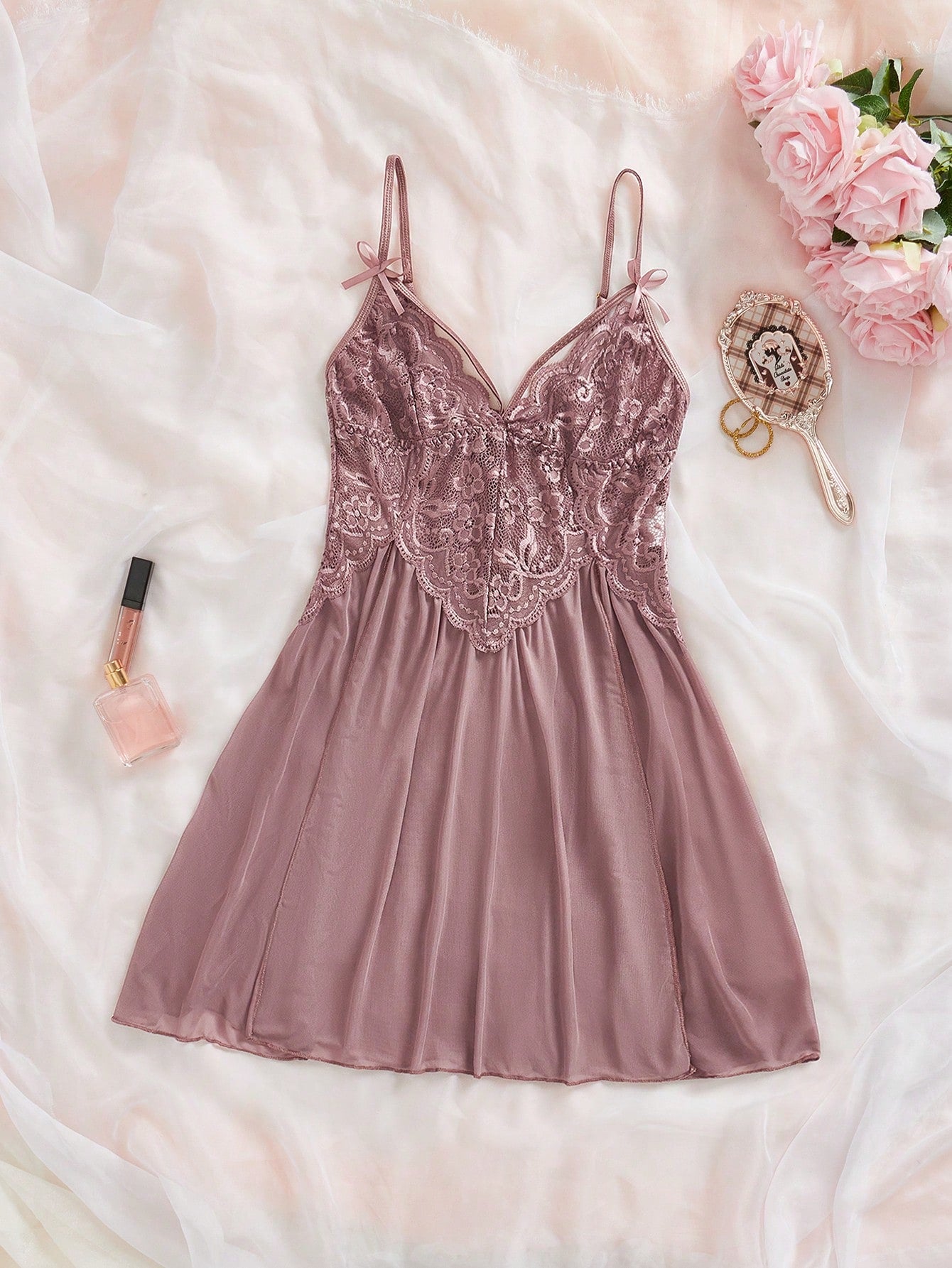 PinupPomp Contrast Lace Harness Mesh Babydoll Sexy Lingerie Dress Without Thong, For Christmas