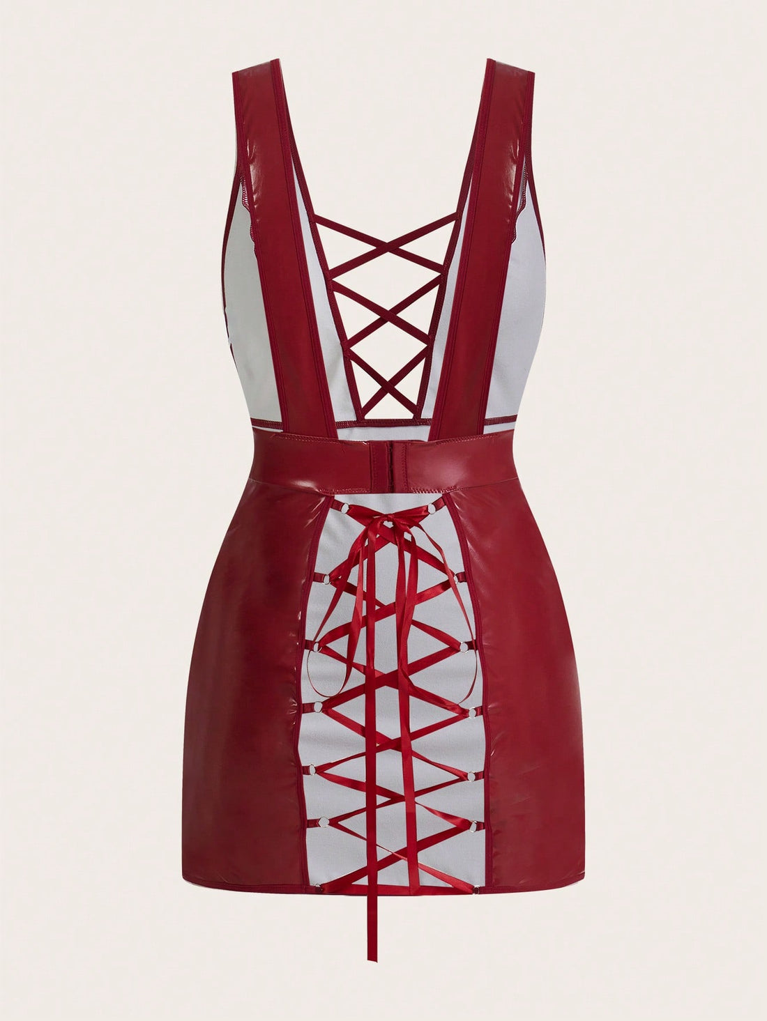 Women’s 2-piece lingerie set featuring a backless criss-cross bodycon mini dress with cut-out details, deep V neckline, adjustable straps, and matching low-rise thong.