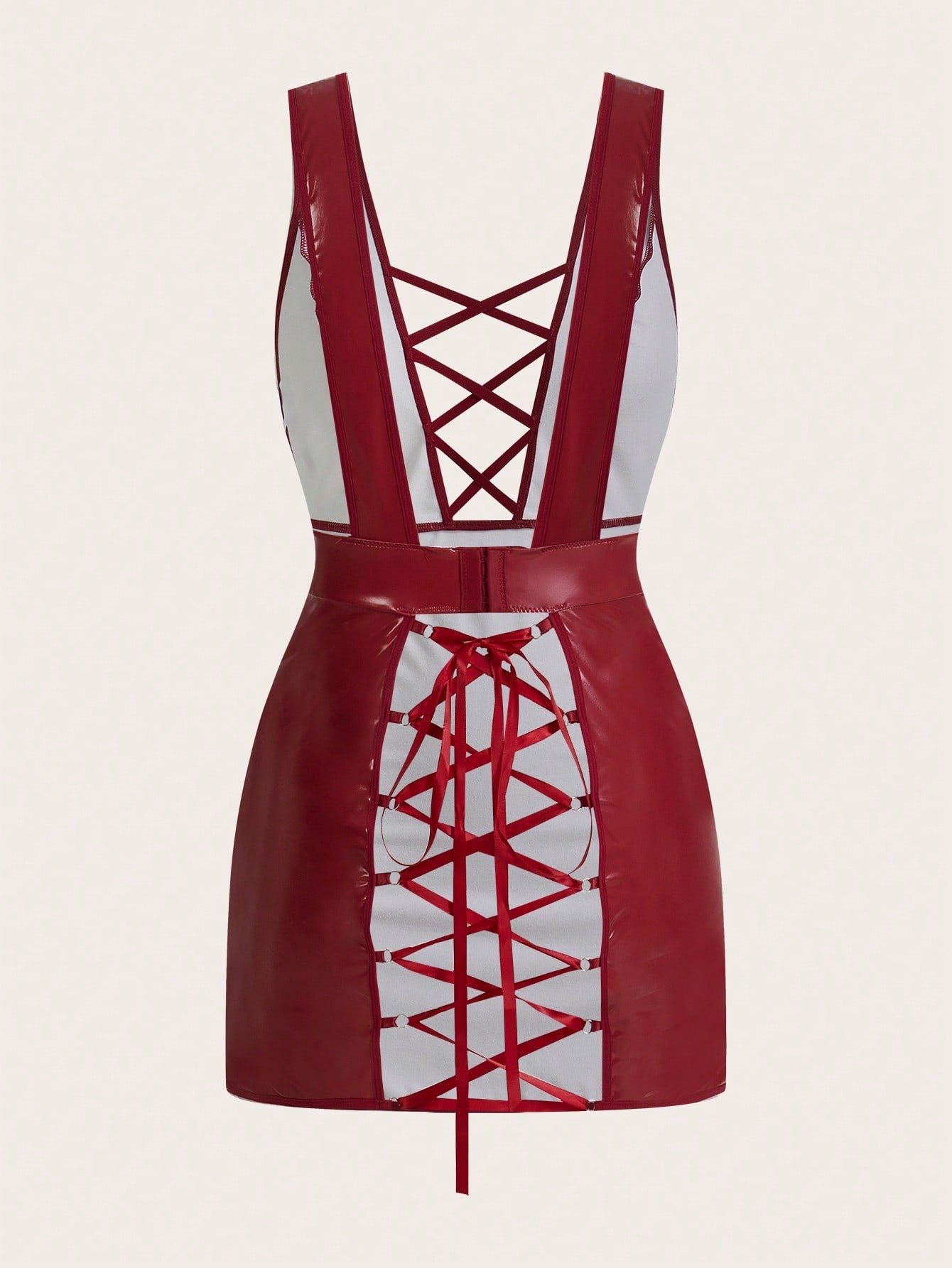 Women’s 2-piece lingerie set featuring a backless criss-cross bodycon mini dress with cut-out details, deep V neckline, adjustable straps, and matching low-rise thong.