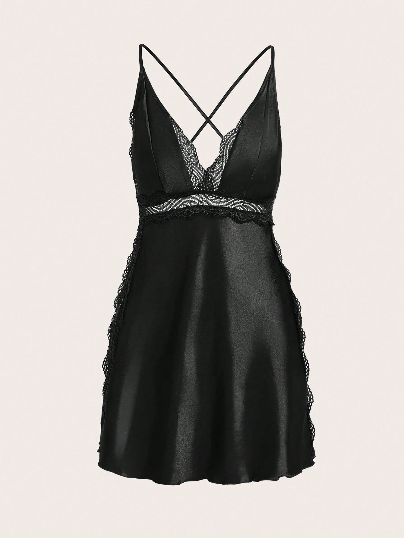 Women Lace Contrast Backless Spaghetti Strap Slit Nightgown Babydoll Luxeloungewear