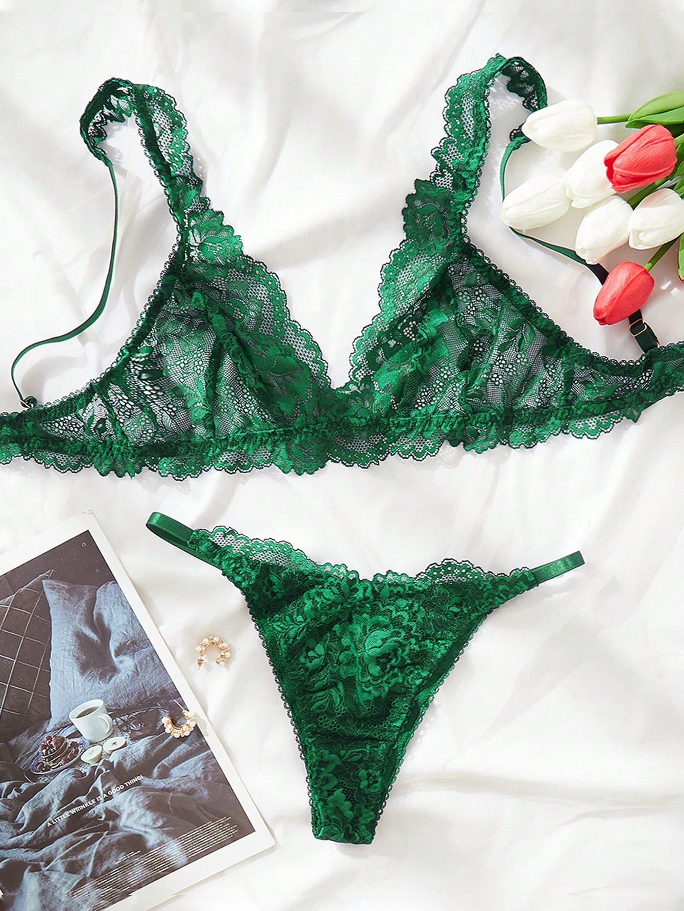 Women's floral lace lingerie set featuring a camisole-style wireless bra with adjustable straps and matching mid-rise briefs, designed with contrast scalloped lace and light support.