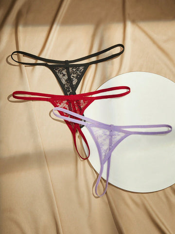 3pcs Women Solid Color Lace Thong Panties, Sexy Lingerie