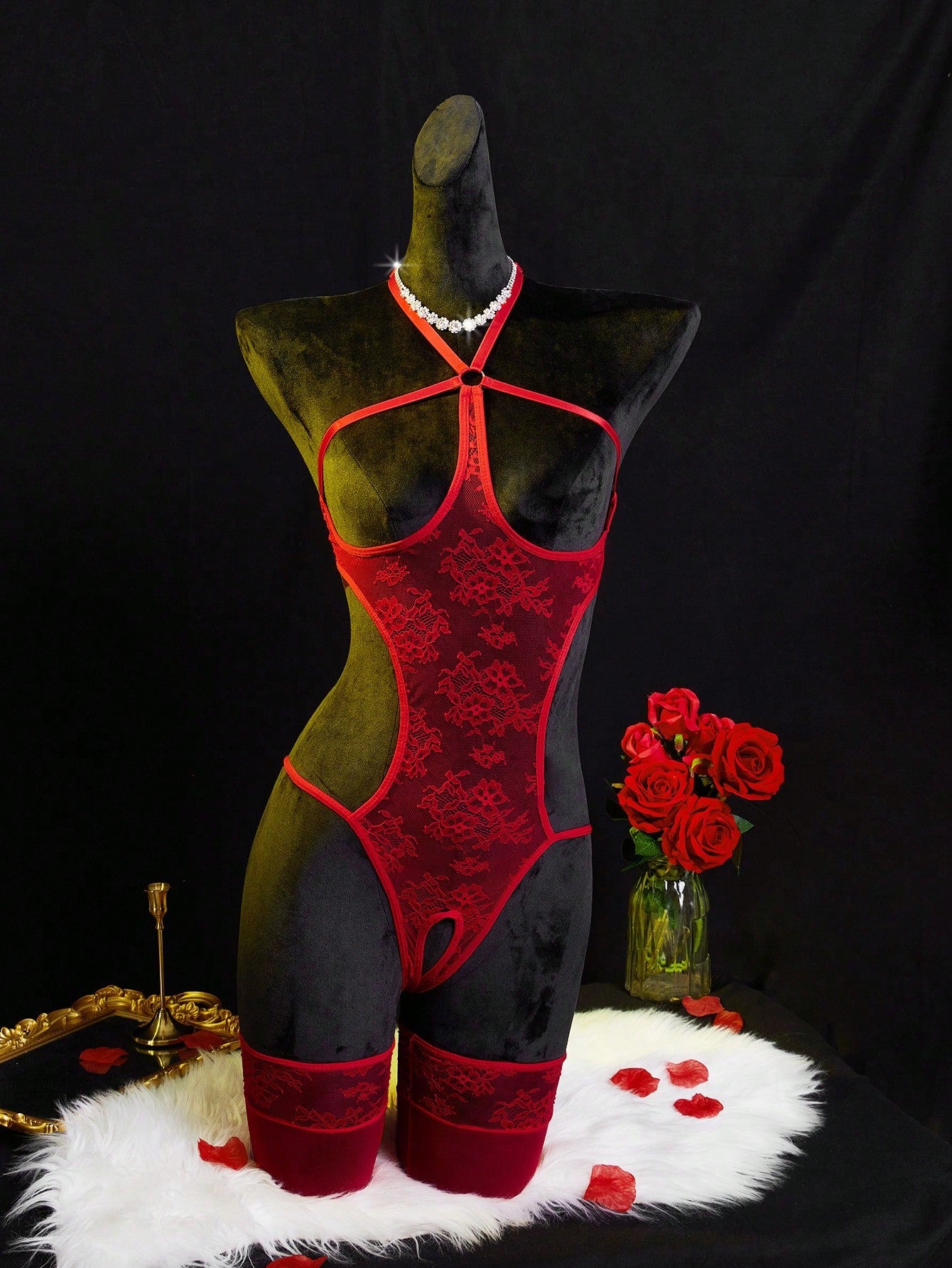 Neon green women’s lace bodysuit lingerie with hollow-out cut-out design, halter neckline, and adjustable straps, shown as a sexy going-out style.