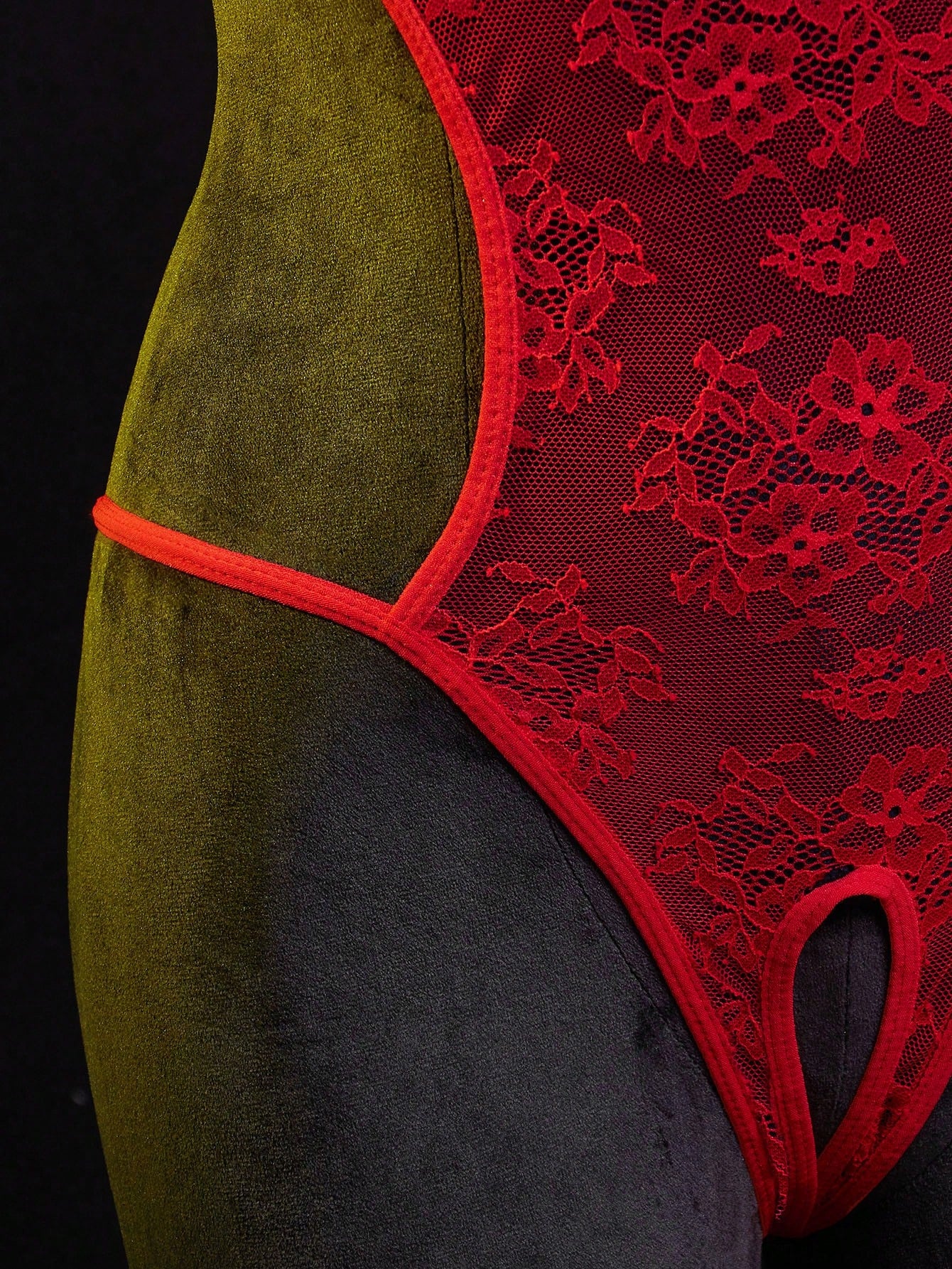 Neon green women’s lace bodysuit lingerie with hollow-out cut-out design, halter neckline, and adjustable straps, shown as a sexy going-out style.
