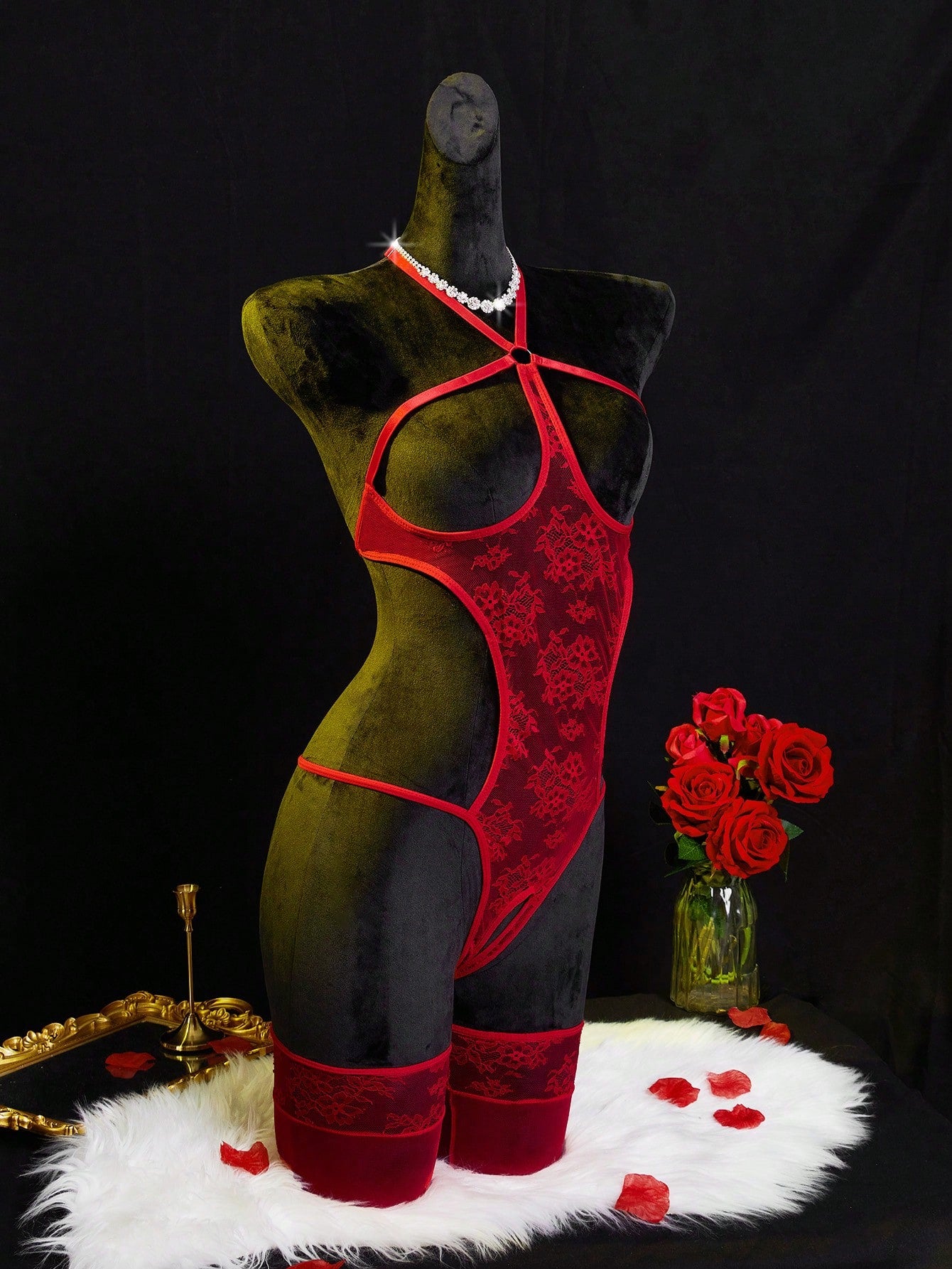 Neon green women’s lace bodysuit lingerie with hollow-out cut-out design, halter neckline, and adjustable straps, shown as a sexy going-out style.
