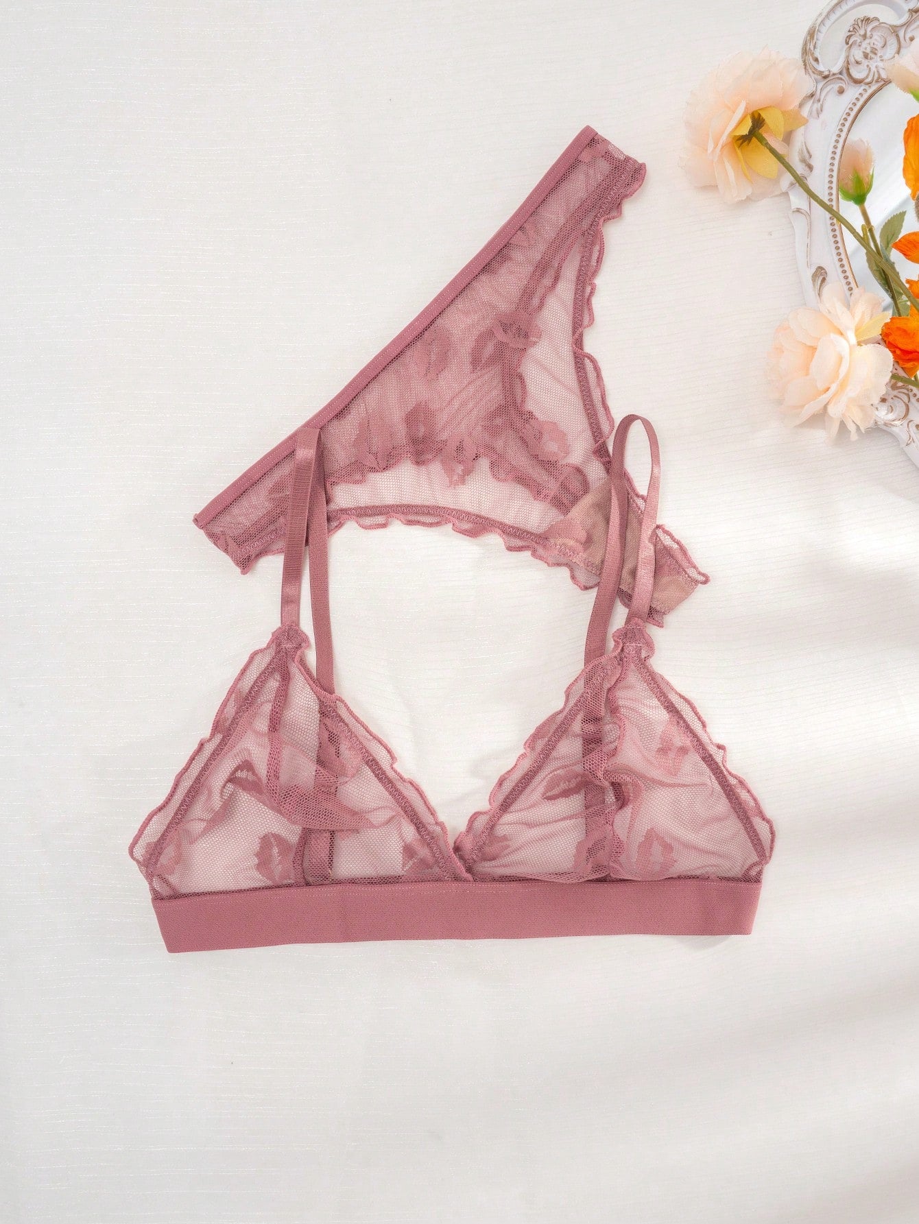 Breathable Lip Pattern Mesh Triangle Cup Bra And Thong Set Wireless Lingerie