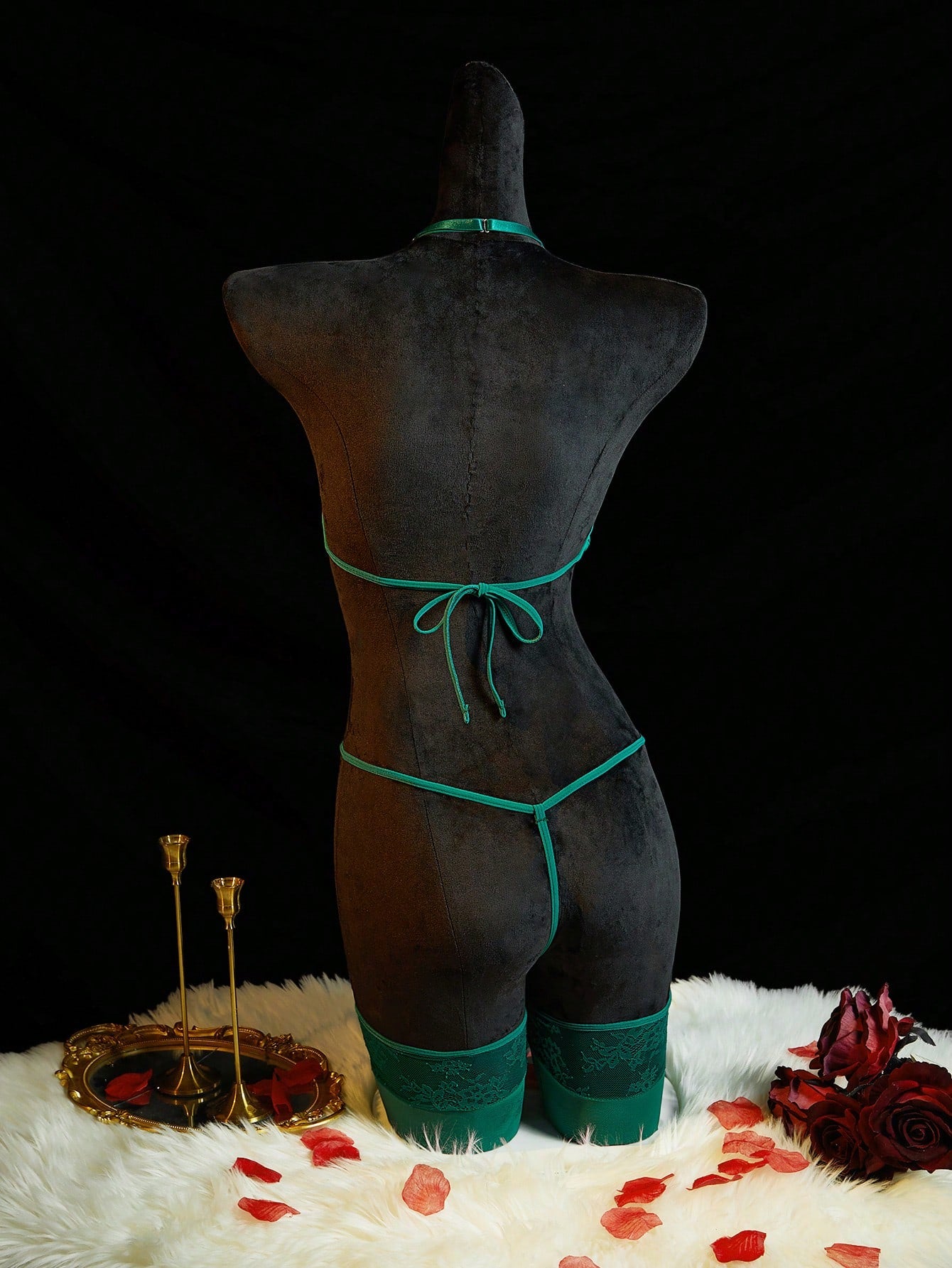 Neon green women’s lace bodysuit lingerie with hollow-out cut-out design, halter neckline, and adjustable straps, shown as a sexy going-out style.