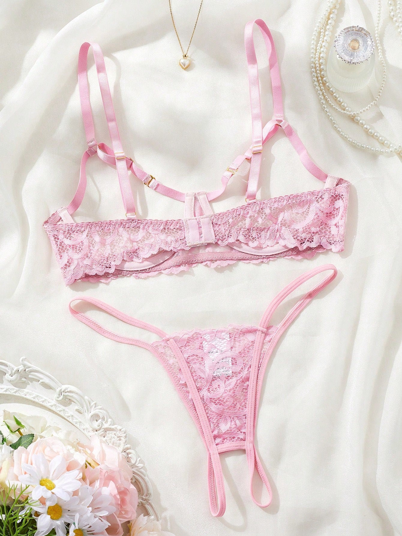 Kawaii Romantic Hollow Out Sexy Lingerie Set For Women, Includes Lacy Bra And Panties, Suitable For Intimate Dates