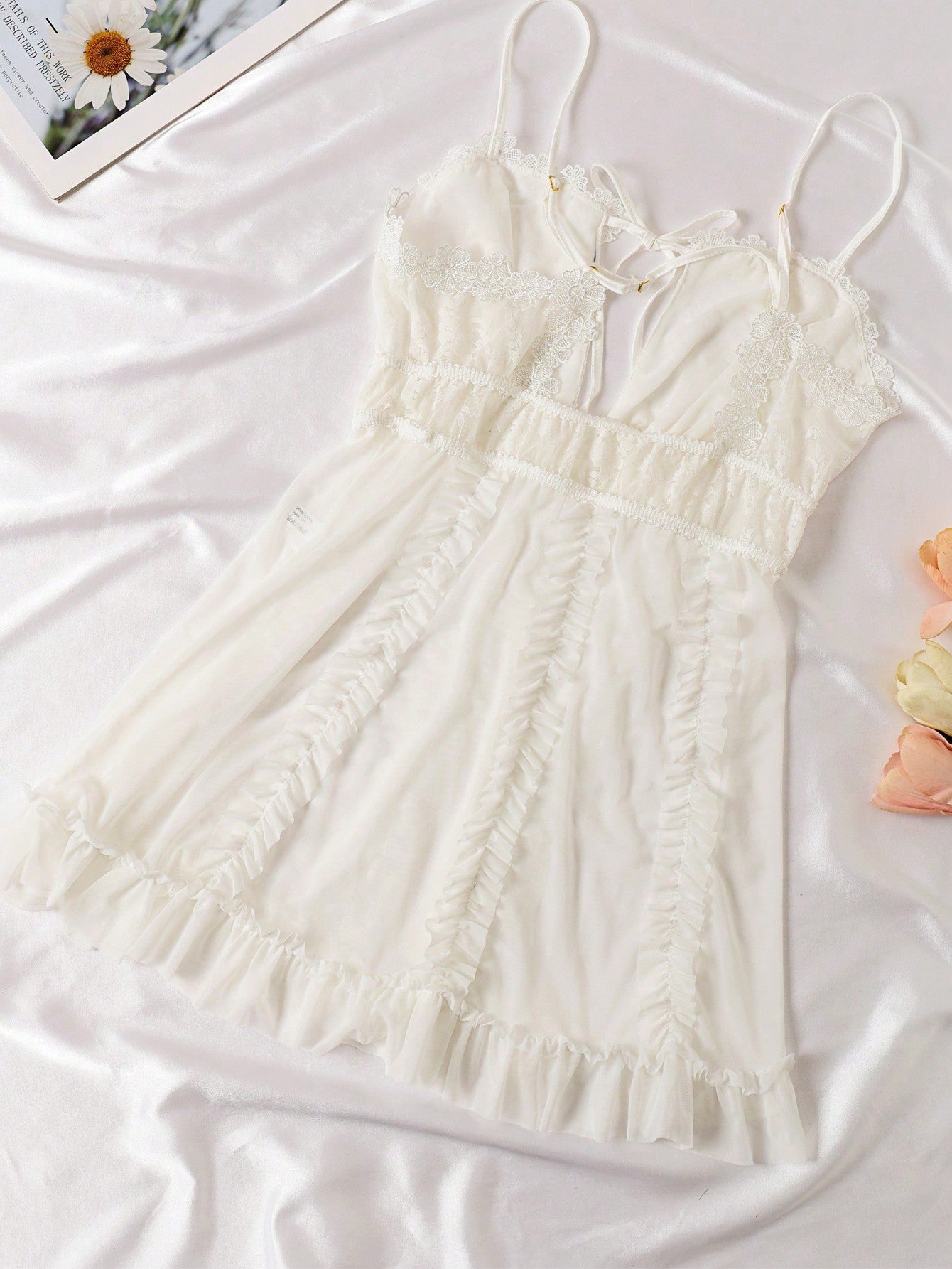 Women Lace Mesh Ruffled Front Split Tie-Front Sleepwear With Thong, Rave
