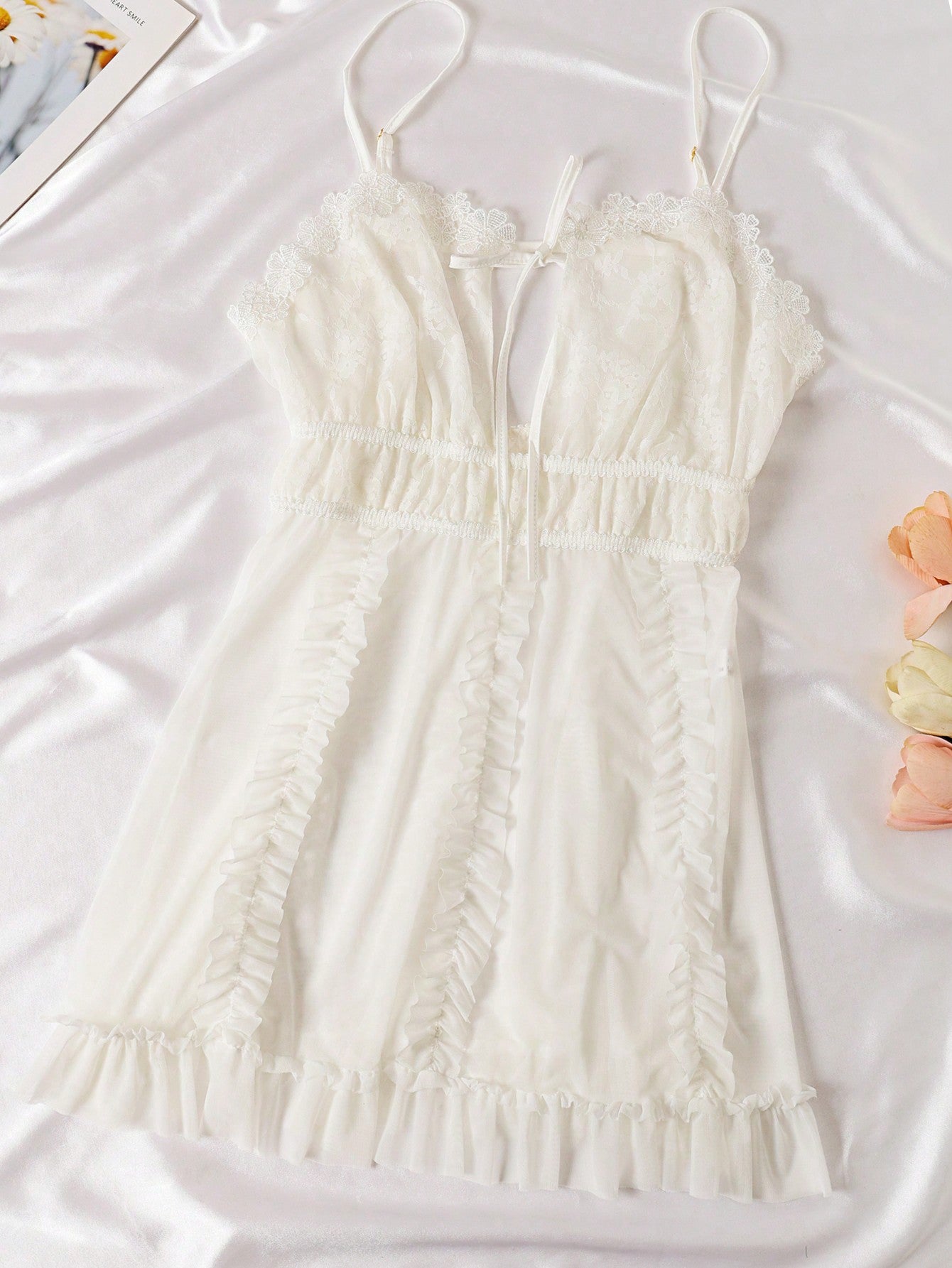Women Lace Mesh Ruffled Front Split Tie-Front Sleepwear With Thong, Rave