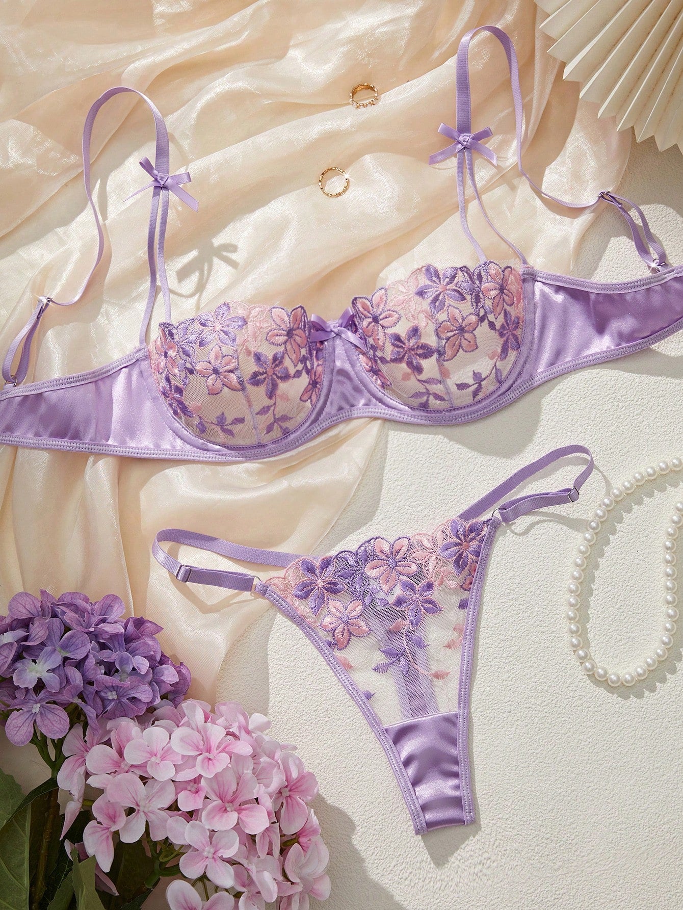 2pcs Purple Romantic Floral Embroidery Women Sexy Lingerie Set