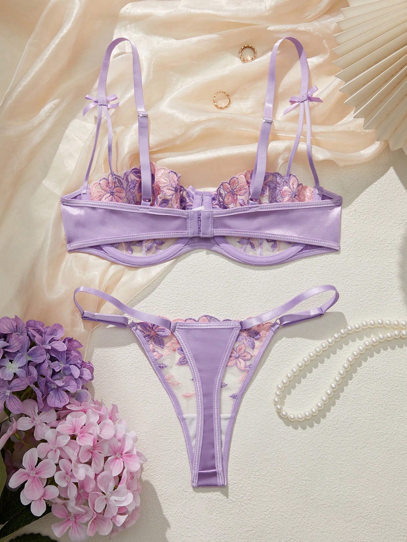 2pcs Purple Romantic Floral Embroidery Women Sexy Lingerie Set