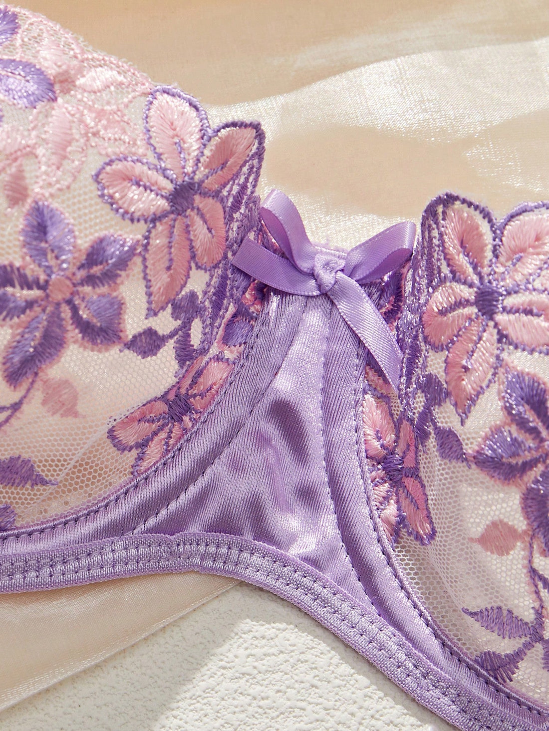 2pcs Purple Romantic Floral Embroidery Women Sexy Lingerie Set