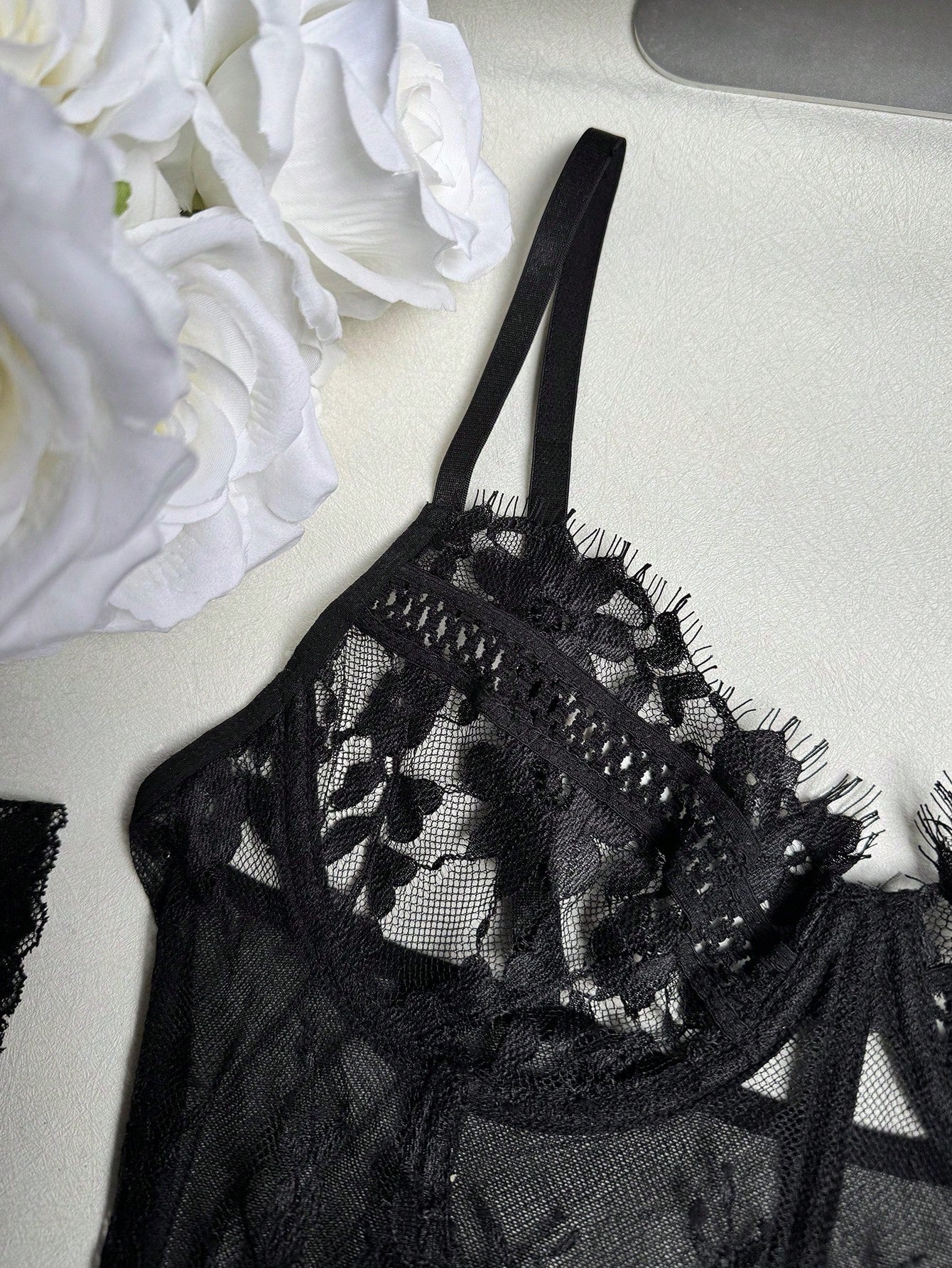 Women’s 3-piece sexy lingerie set featuring a lace longline underwire bustier with adjustable spaghetti straps, matching thong panty, and garter belt with contrast mesh and plant pattern details.