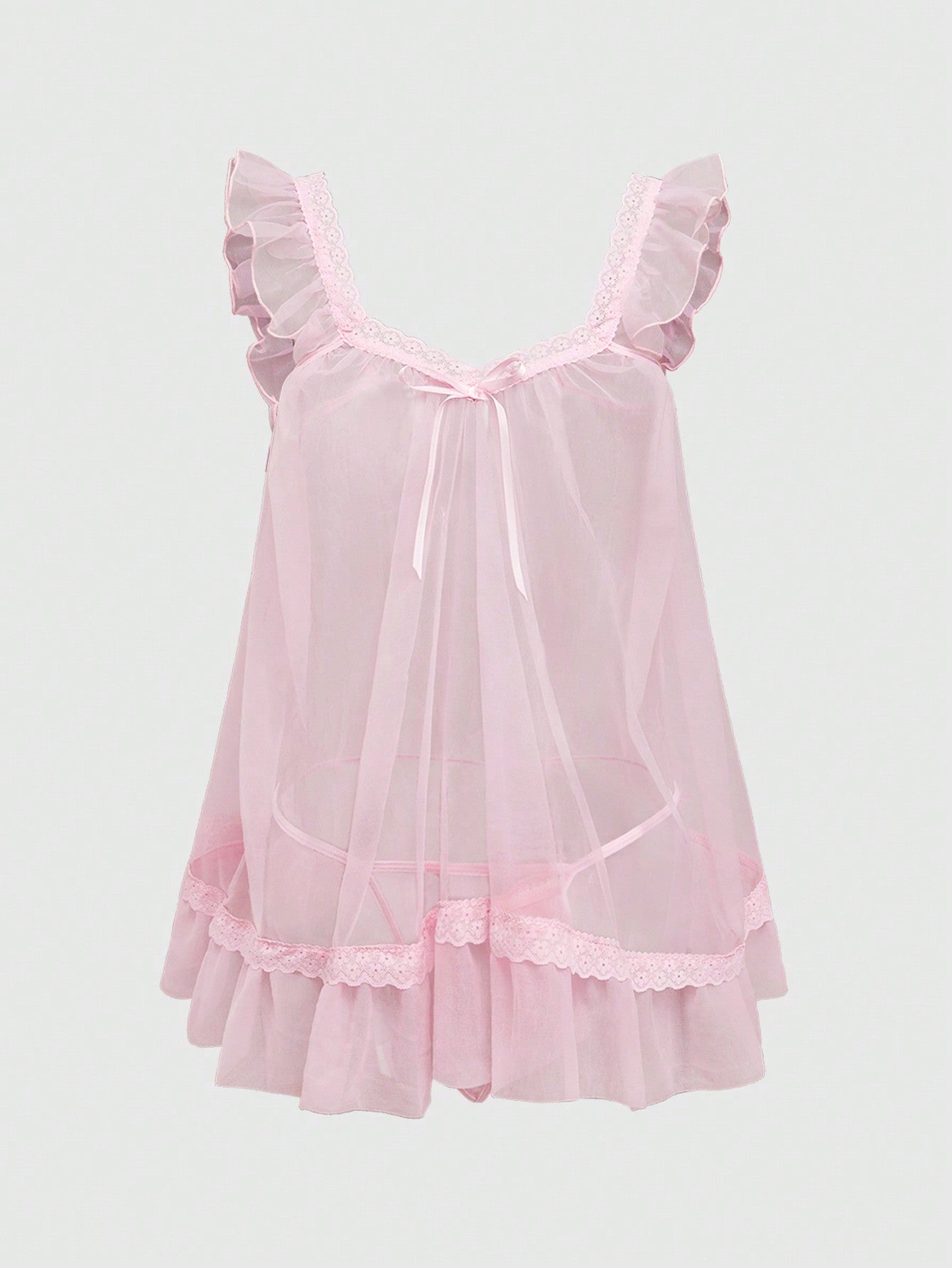 Babydoll Kawaii Cute Loose Sheer Dress, Mesh Lace Patchwork Bow Mini Dress, Sexy Tulle Dress Set