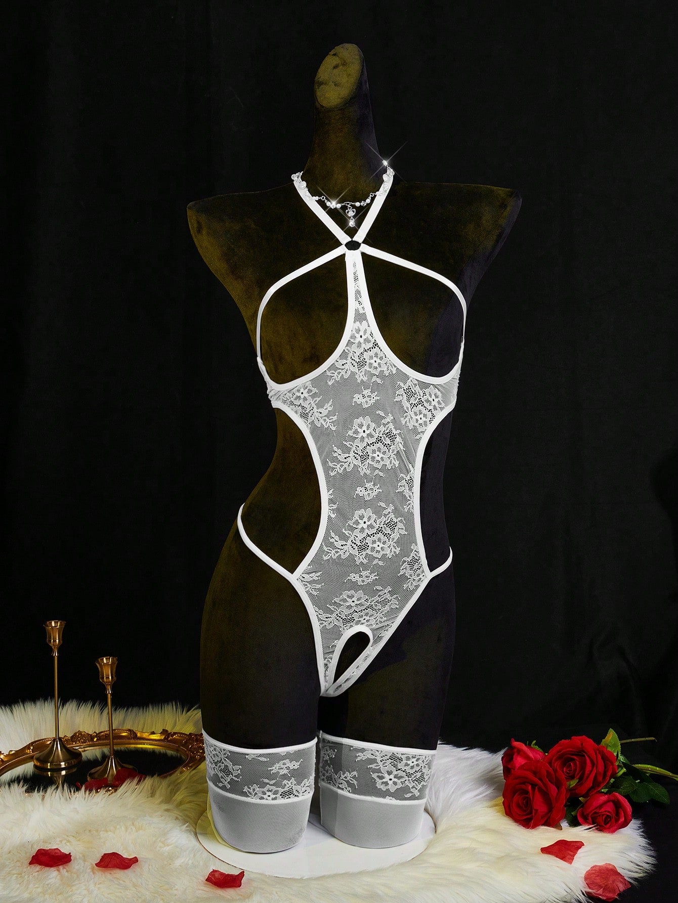 Neon green women’s lace bodysuit lingerie with hollow-out cut-out design, halter neckline, and adjustable straps, shown as a sexy going-out style.