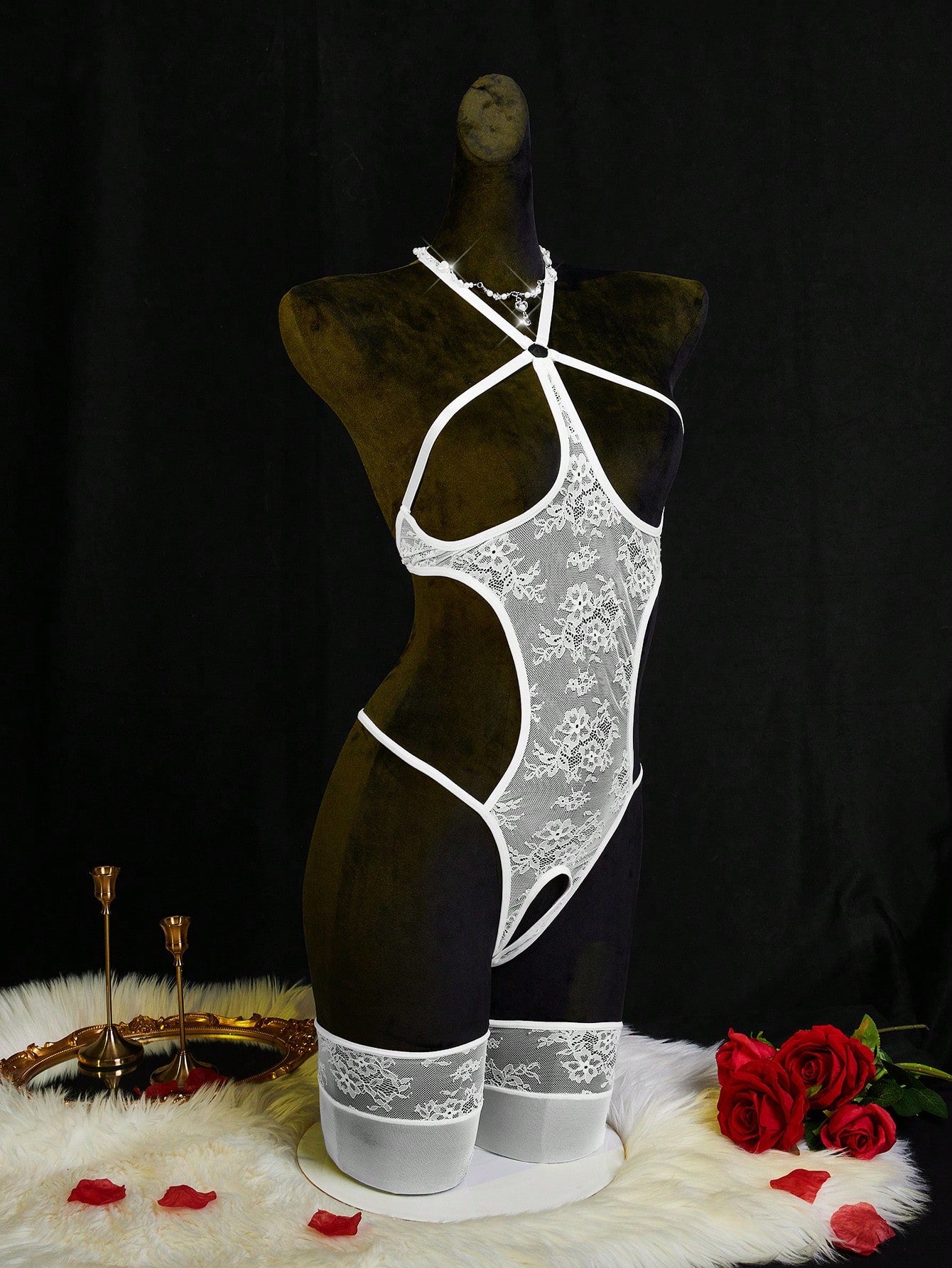 Neon green women’s lace bodysuit lingerie with hollow-out cut-out design, halter neckline, and adjustable straps, shown as a sexy going-out style.