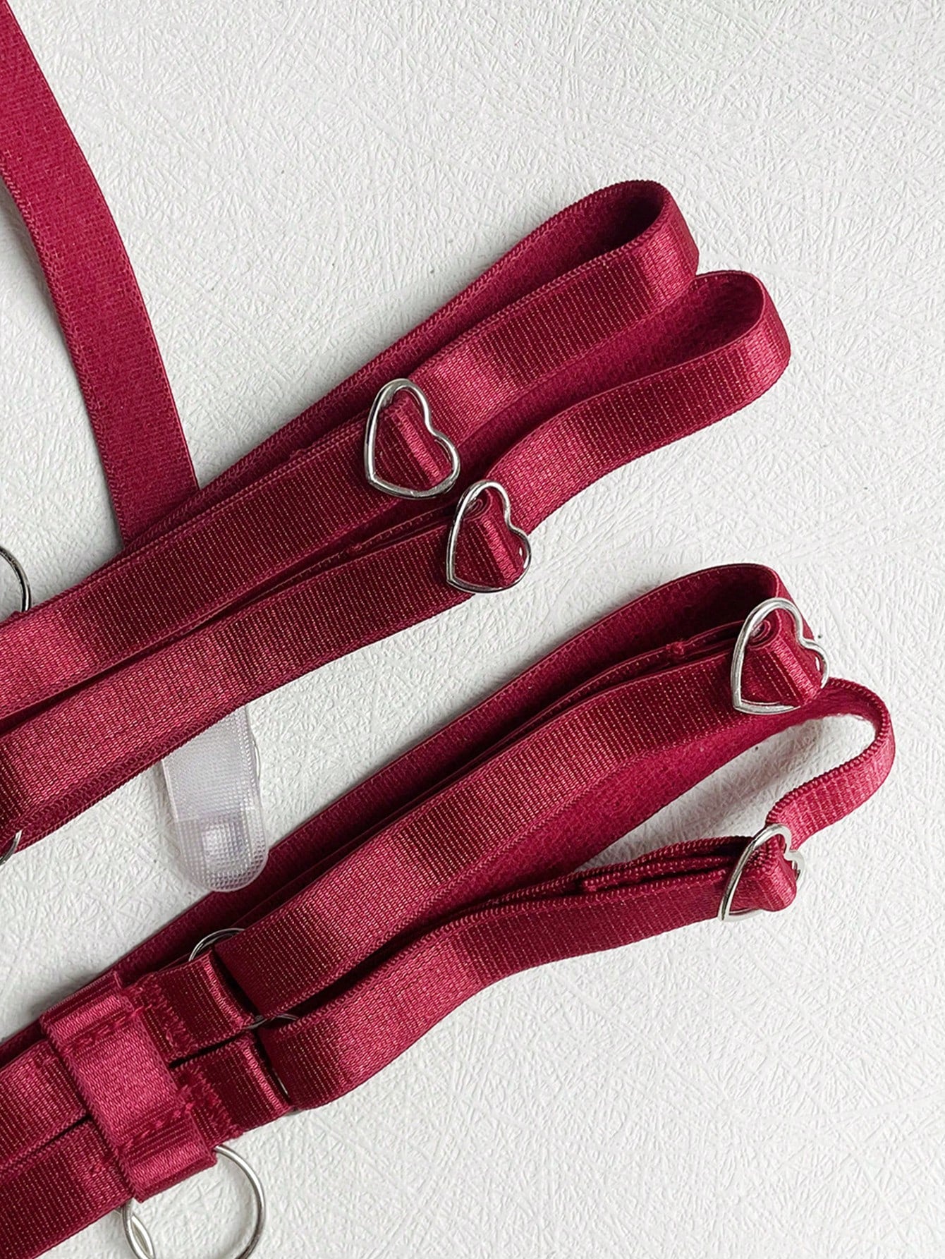 Red romantic embroidered lingerie set featuring a sheer underwire triangle bra with adjustable spaghetti straps, matching embroidered thong, waistband, leg straps, and a complimentary collar; 5-piece sexy Valentine-style set.