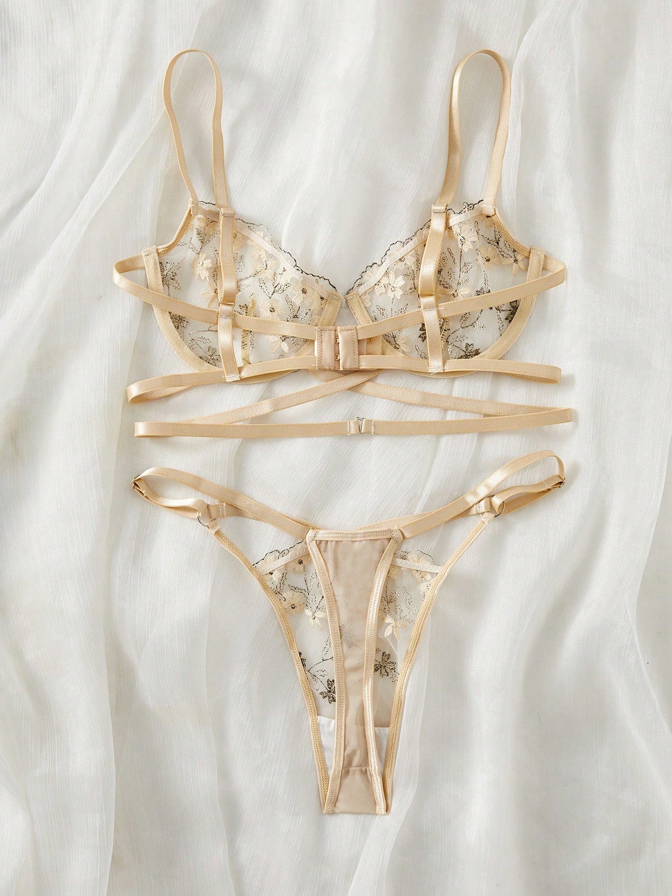 Women's 2-piece sexy lingerie set featuring floral embroidery, underwire demi bra with adjustable spaghetti straps, and matching low-rise thong.