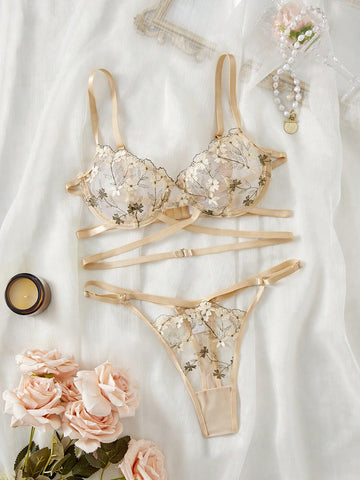 Women's 2-piece sexy lingerie set featuring floral embroidery, underwire demi bra with adjustable spaghetti straps, and matching low-rise thong.