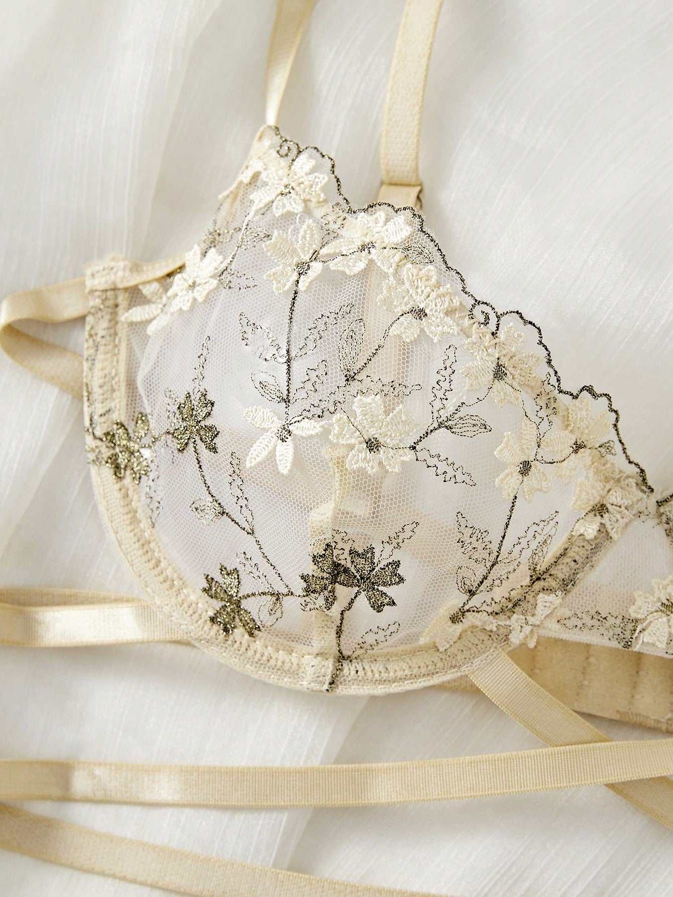 Women's 2-piece sexy lingerie set featuring floral embroidery, underwire demi bra with adjustable spaghetti straps, and matching low-rise thong.