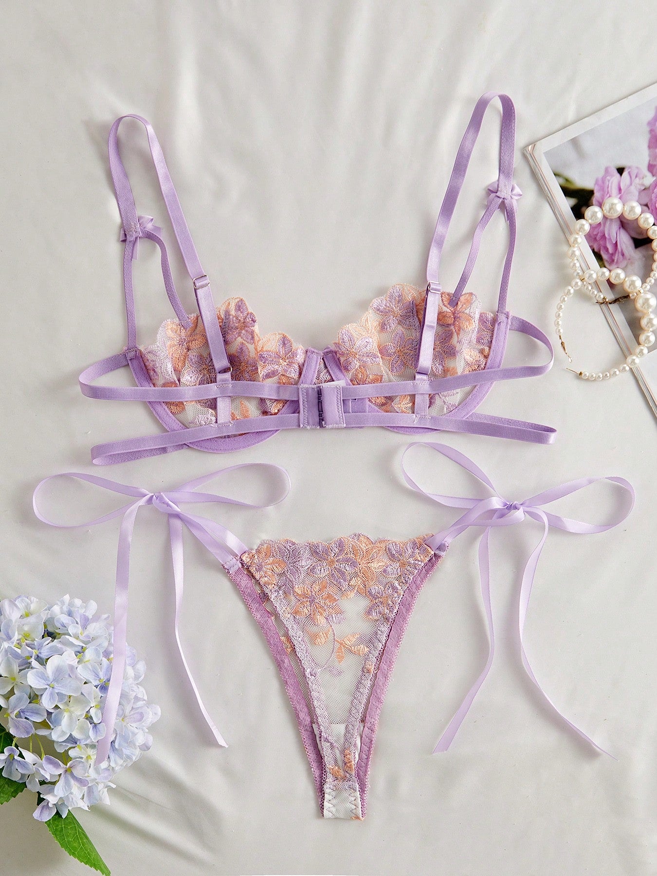 Kawaii 2pcs Women's Purple Bra Set, Mesh Floral Embroidery Underwire Bra And Panty Lingerie Set, Sexy Sheer Intimate Apparel