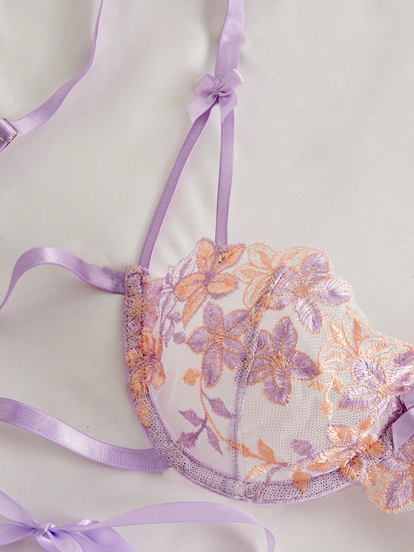 Kawaii 2pcs Women's Purple Bra Set, Mesh Floral Embroidery Underwire Bra And Panty Lingerie Set, Sexy Sheer Intimate Apparel
