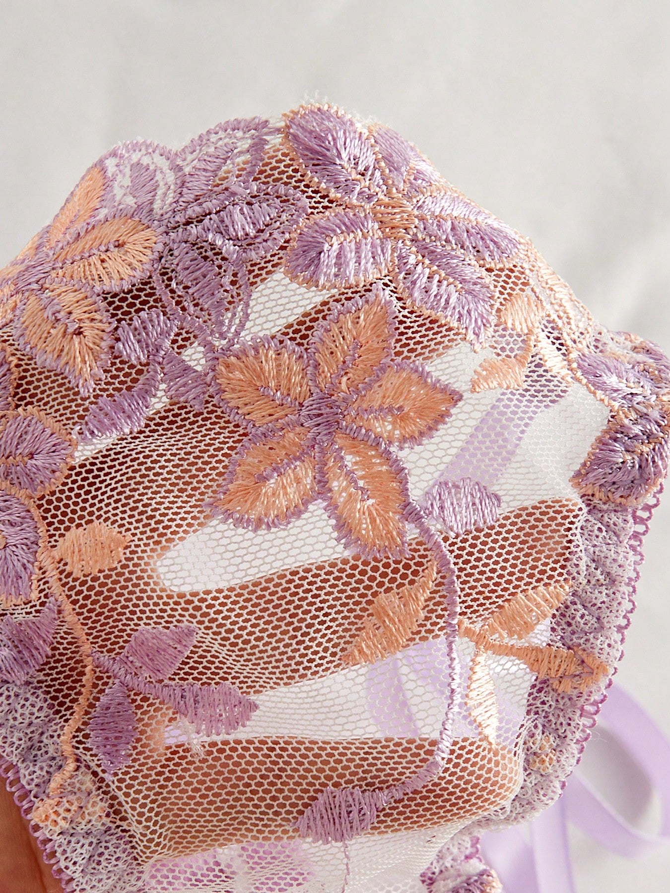 Kawaii 2pcs Women's Purple Bra Set, Mesh Floral Embroidery Underwire Bra And Panty Lingerie Set, Sexy Sheer Intimate Apparel