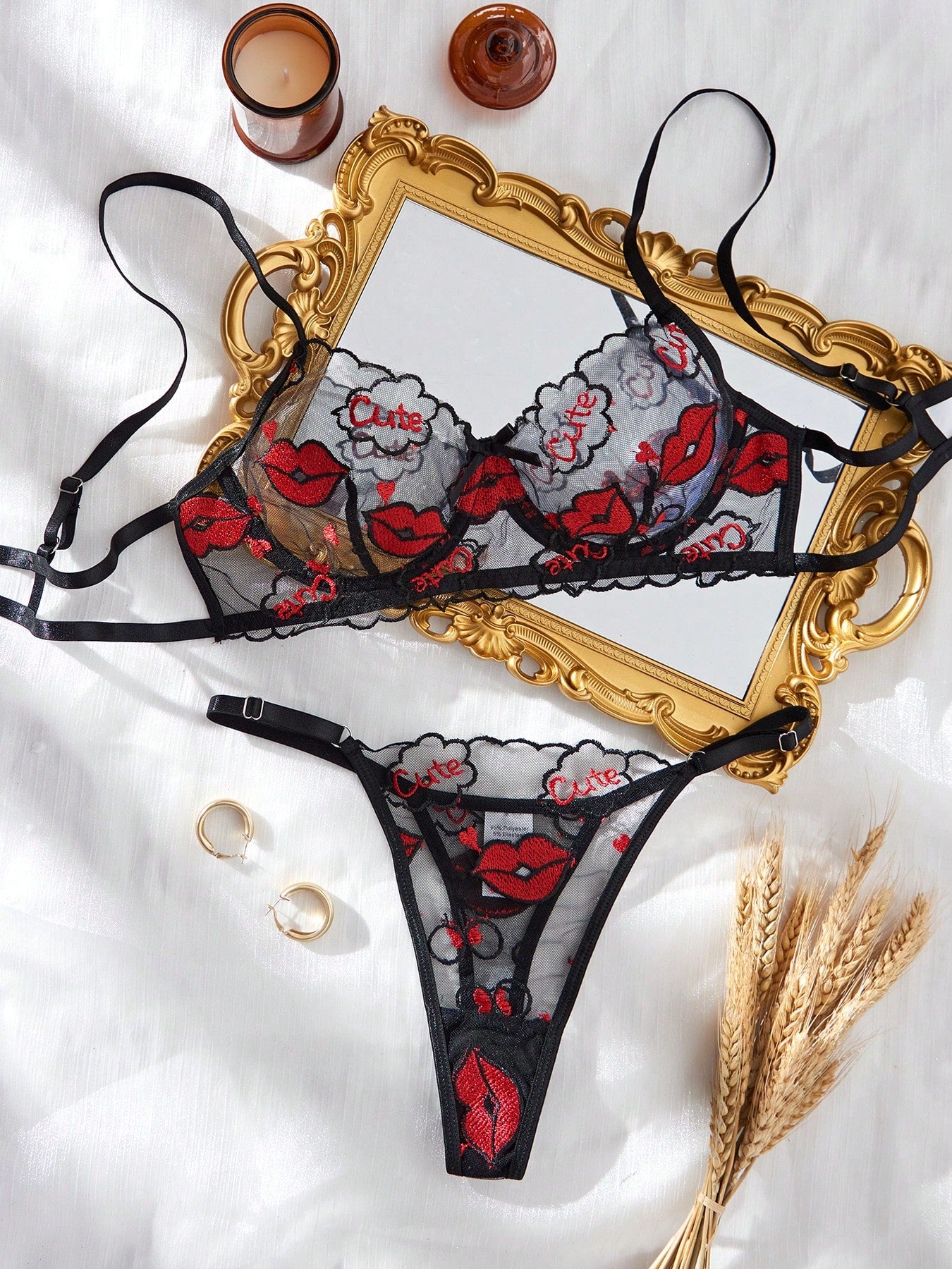 Kawaii 2pcs Women's Black Fiery Red Lip Mesh Embroidery Romantic Sheer Sexy Lingerie Bra Set, Valentine's Day