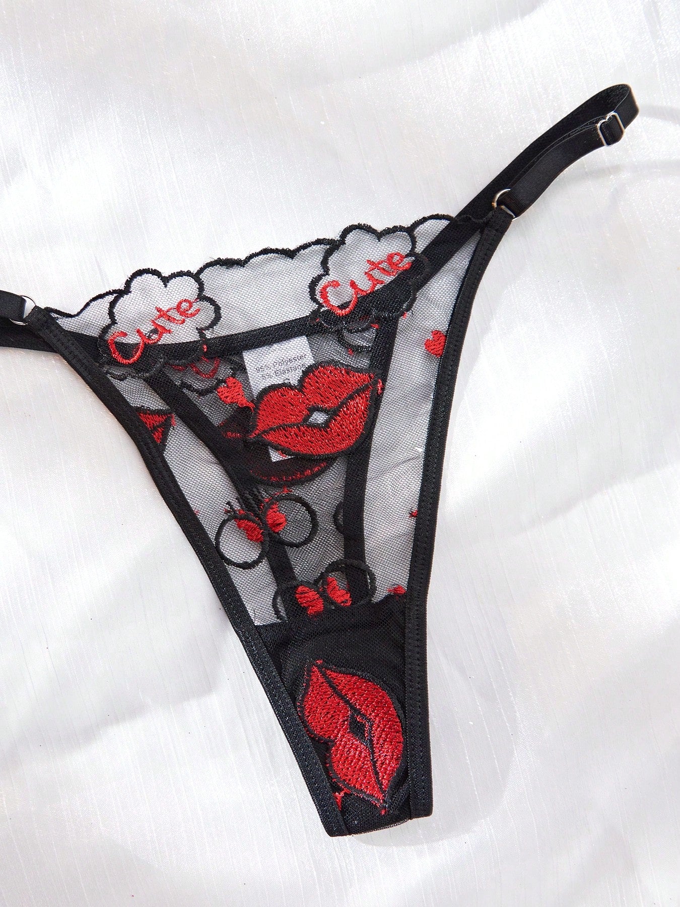 Kawaii 2pcs Women's Black Fiery Red Lip Mesh Embroidery Romantic Sheer Sexy Lingerie Bra Set, Valentine's Day