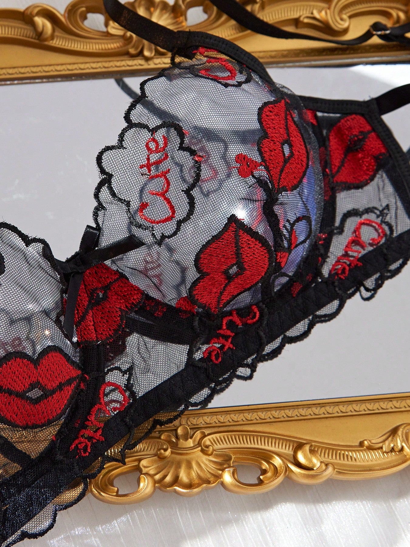 Kawaii 2pcs Women's Black Fiery Red Lip Mesh Embroidery Romantic Sheer Sexy Lingerie Bra Set, Valentine's Day