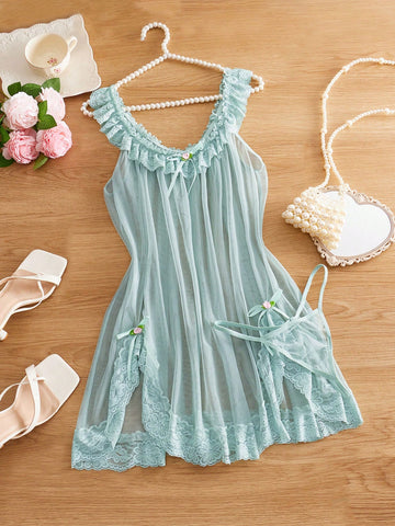 Sexy Lace & Mesh Lingerie Babydoll Dress With Floral Trim And Slit For Going Out