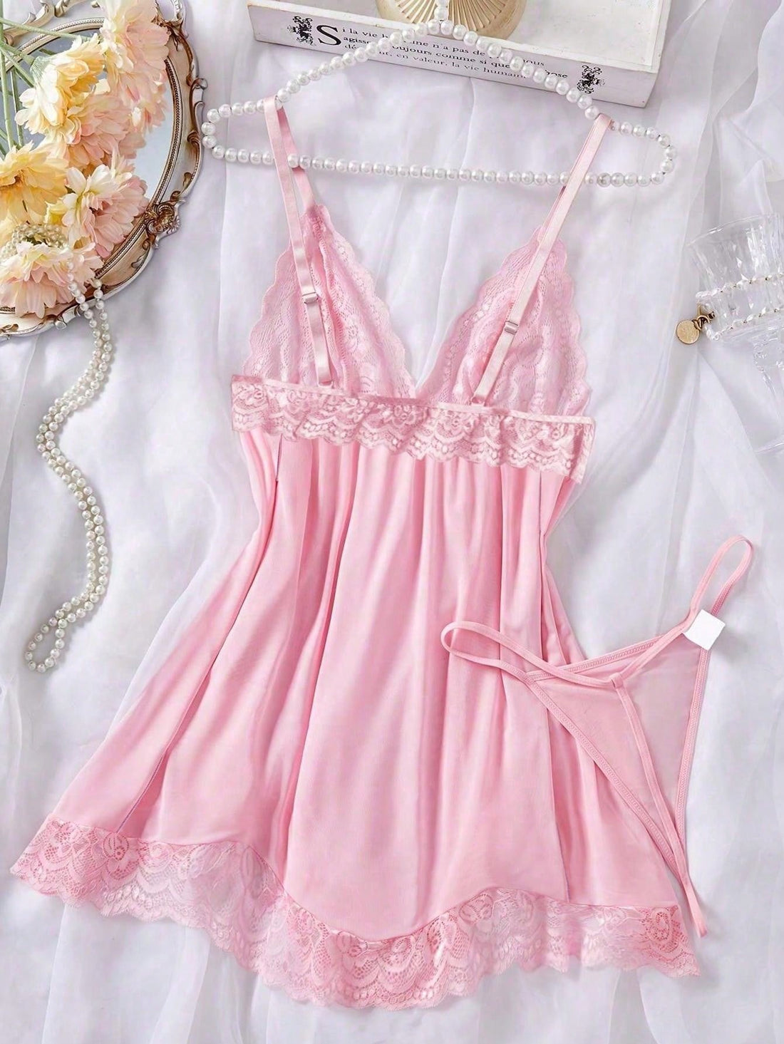 2pcs Women Sexy Solid Contrast Lace Nightdress Set, V-Neck Backless Asymmetrical Hem Camisole Dress And Thong, Comfy Sleepwear
