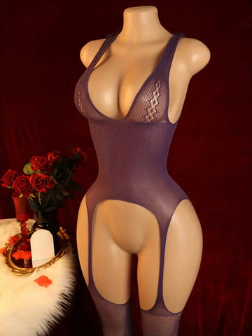 Purple semi-sheer women’s bodystocking lingerie with a plunge neckline, backless design, open crotch, hollow-out cut details, contrast mesh accents, and adjustable straps in a high-stretch polyamide and elastane blend.