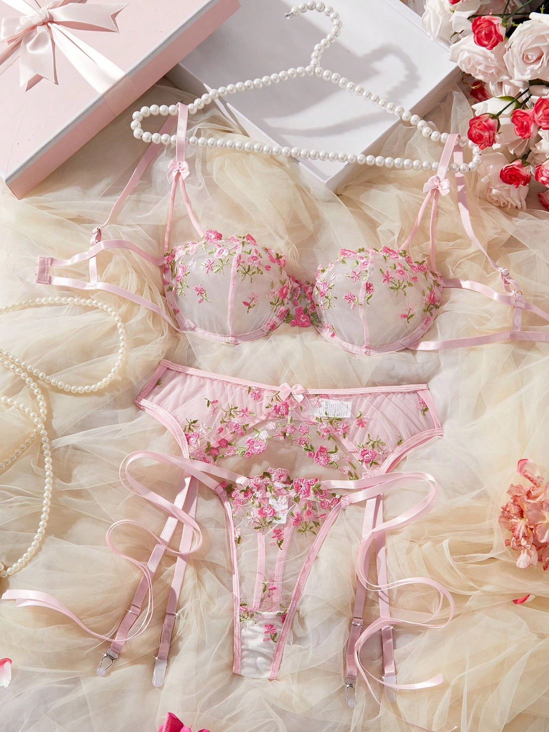 Kawaii 3pcs/Set Women Embroidery Floral Mesh Lace Up Sexy Lingerie Set, Rave