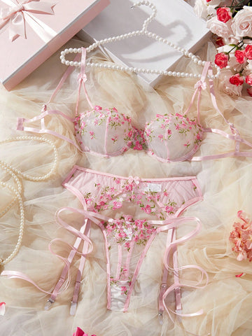 Kawaii 3pcs/Set Women Embroidery Floral Mesh Lace Up Sexy Lingerie Set, Rave