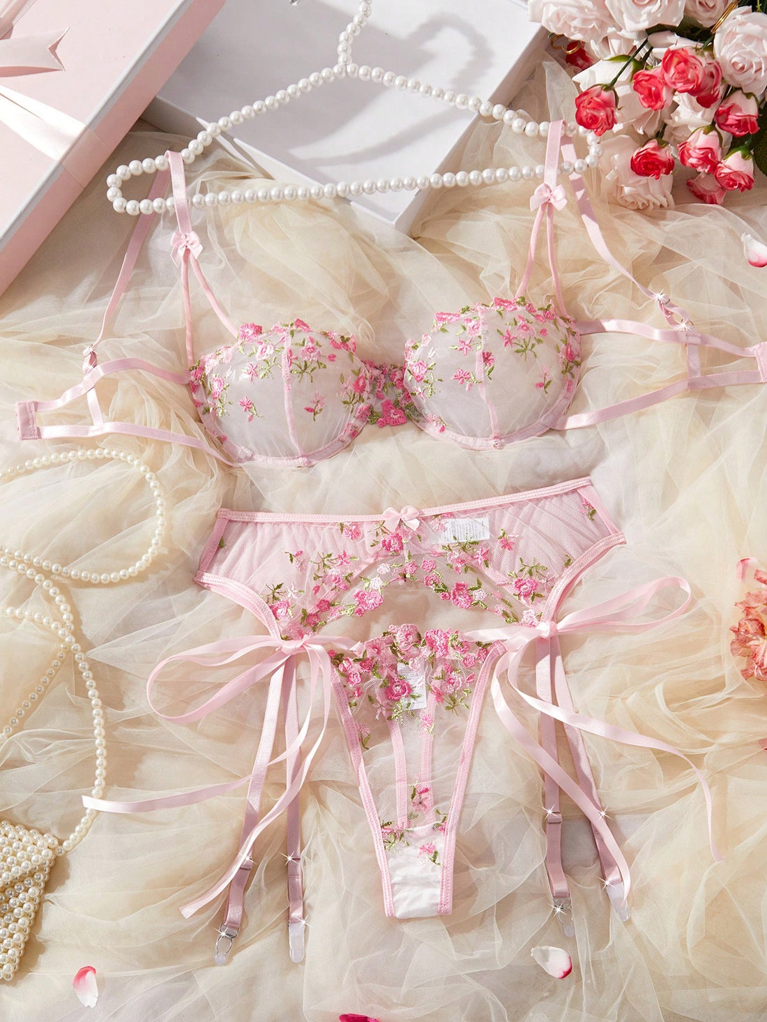 Kawaii 3pcs/Set Women Embroidery Floral Mesh Lace Up Sexy Lingerie Set, Rave
