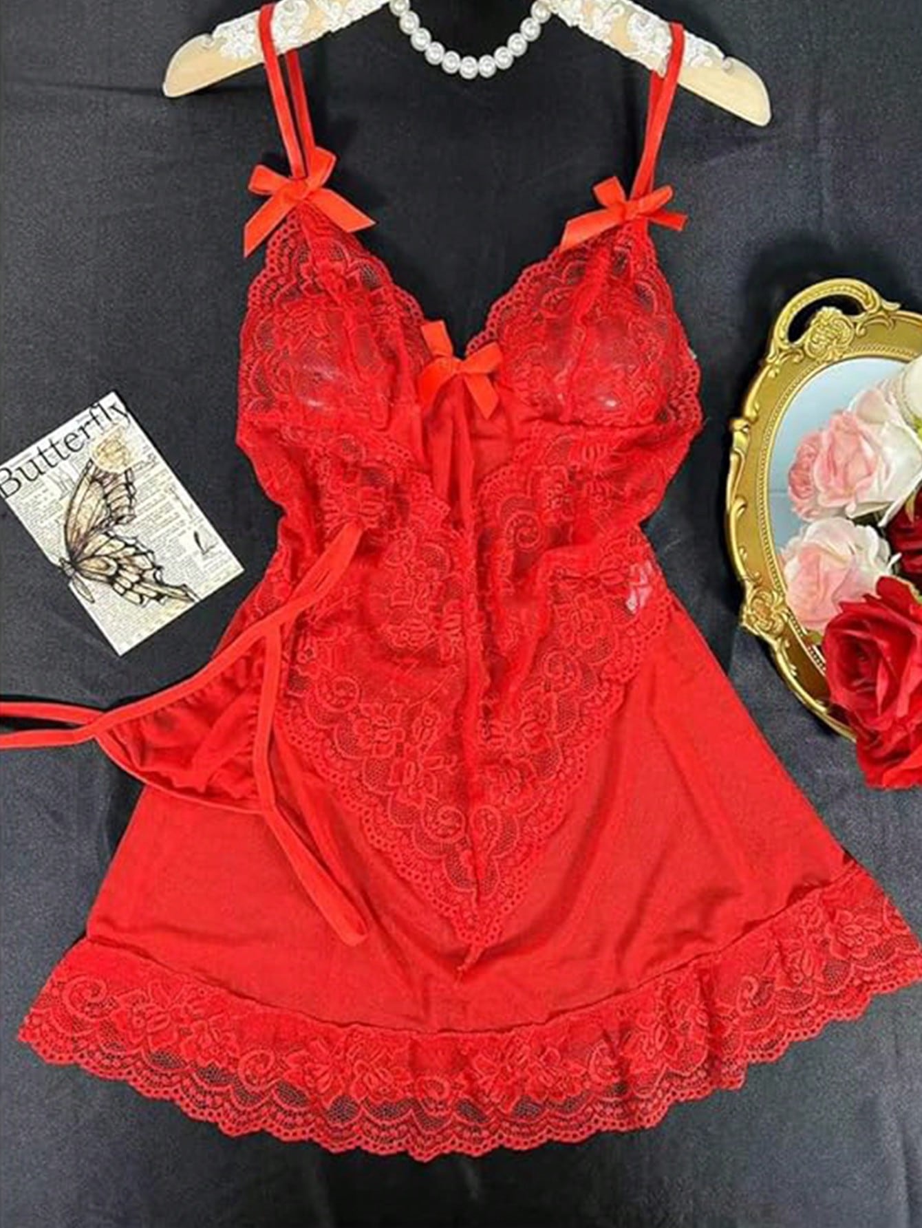 2-piece women’s lingerie set featuring a lace camisole-style mini nightdress with spaghetti straps and a matching thong, designed for loungewear, romantic occasions, and rave styling.