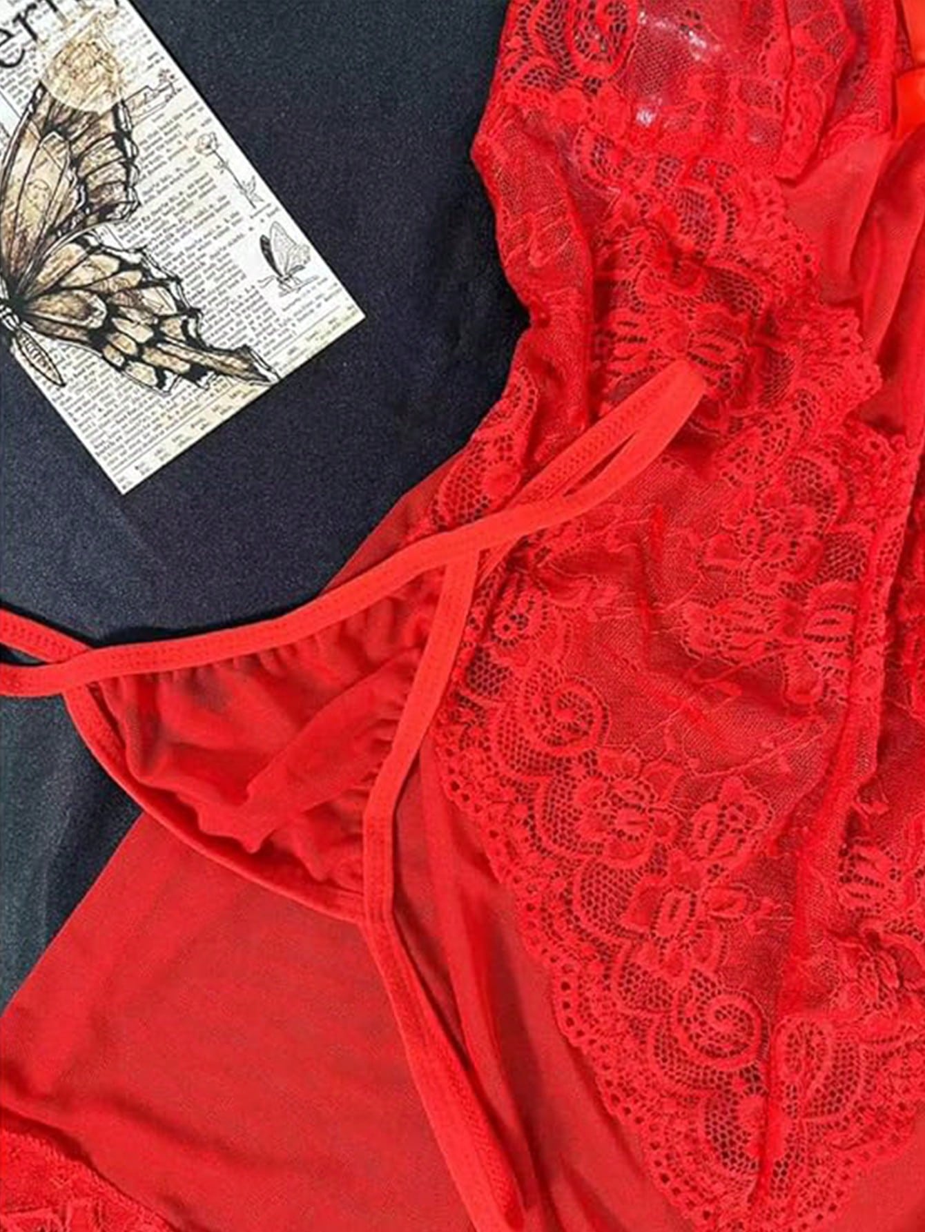 2-piece women’s lingerie set featuring a lace camisole-style mini nightdress with spaghetti straps and a matching thong, designed for loungewear, romantic occasions, and rave styling.