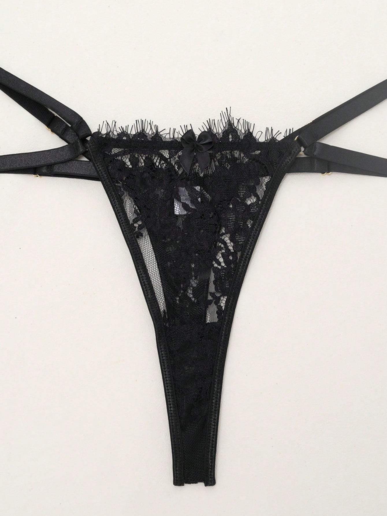 Black women's 5-piece lingerie set featuring French lace and eyelash lace with a see-through camisole, underwire 3/4 cup design, mesh fabric, and mid-rise bottoms.