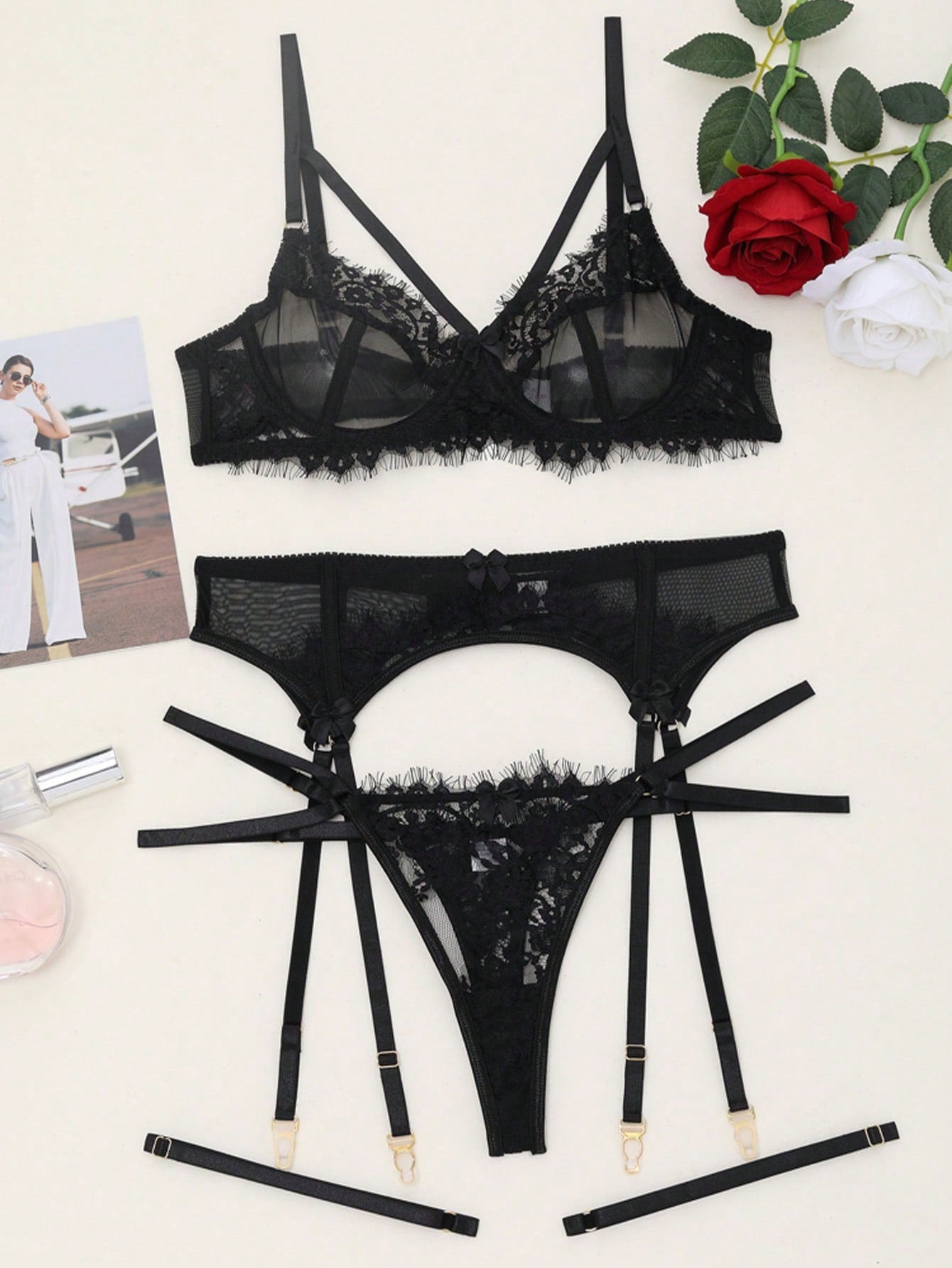 Black women's 5-piece lingerie set featuring French lace and eyelash lace with a see-through camisole, underwire 3/4 cup design, mesh fabric, and mid-rise bottoms.