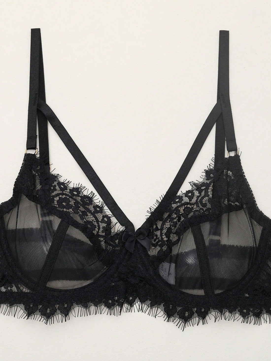 Black women's 5-piece lingerie set featuring French lace and eyelash lace with a see-through camisole, underwire 3/4 cup design, mesh fabric, and mid-rise bottoms.