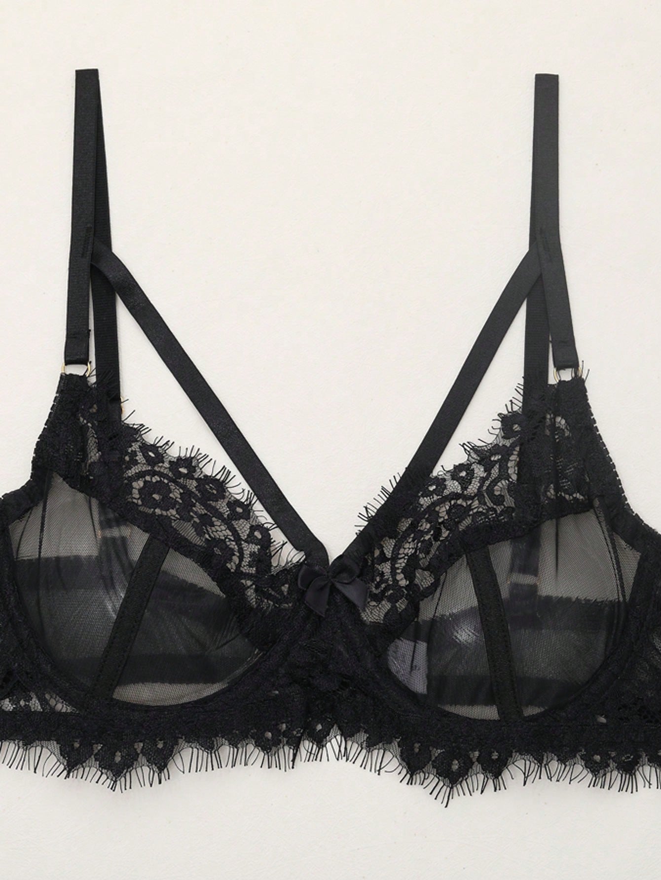 Black women's 5-piece lingerie set featuring French lace and eyelash lace with a see-through camisole, underwire 3/4 cup design, mesh fabric, and mid-rise bottoms.
