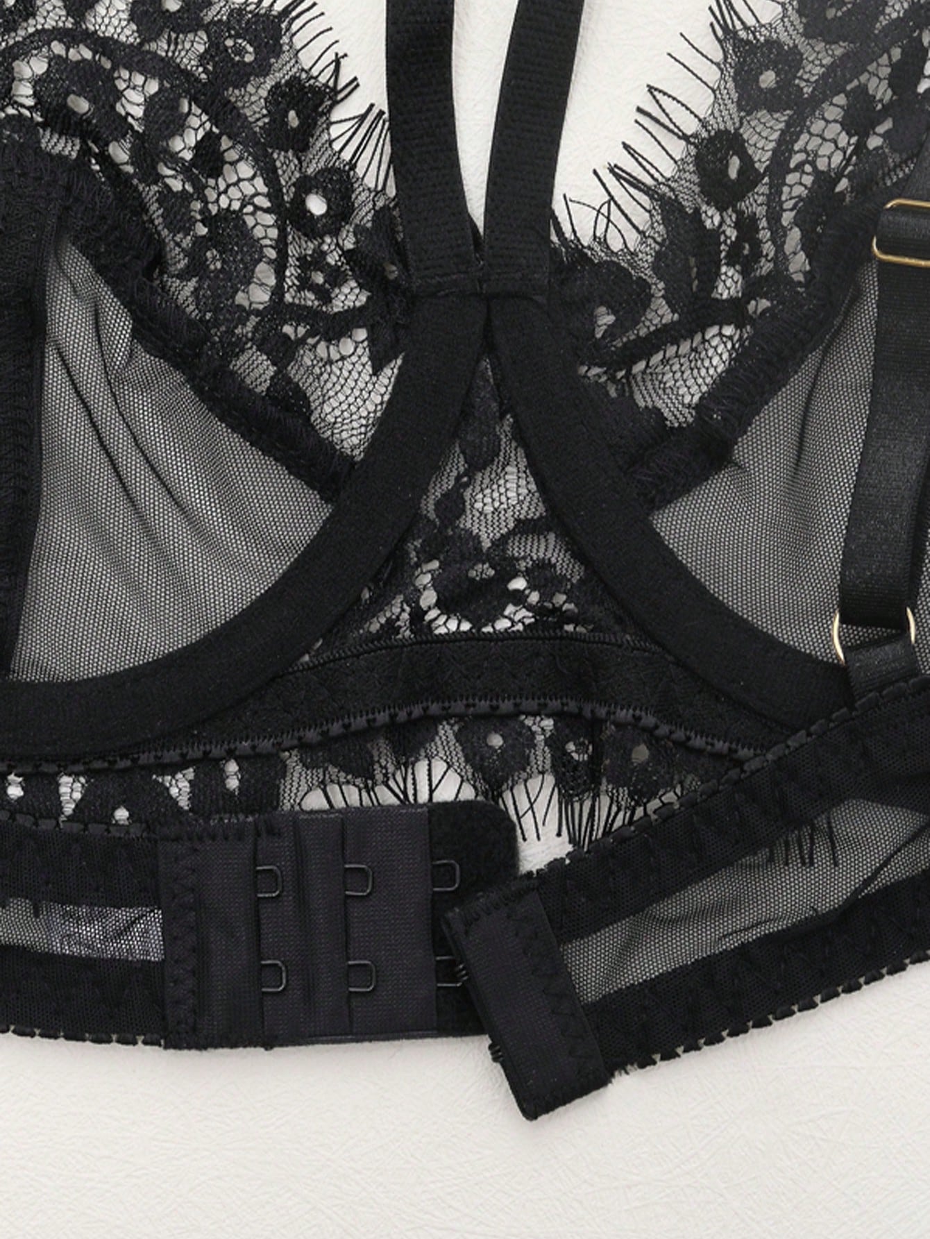 Black women's 5-piece lingerie set featuring French lace and eyelash lace with a see-through camisole, underwire 3/4 cup design, mesh fabric, and mid-rise bottoms.