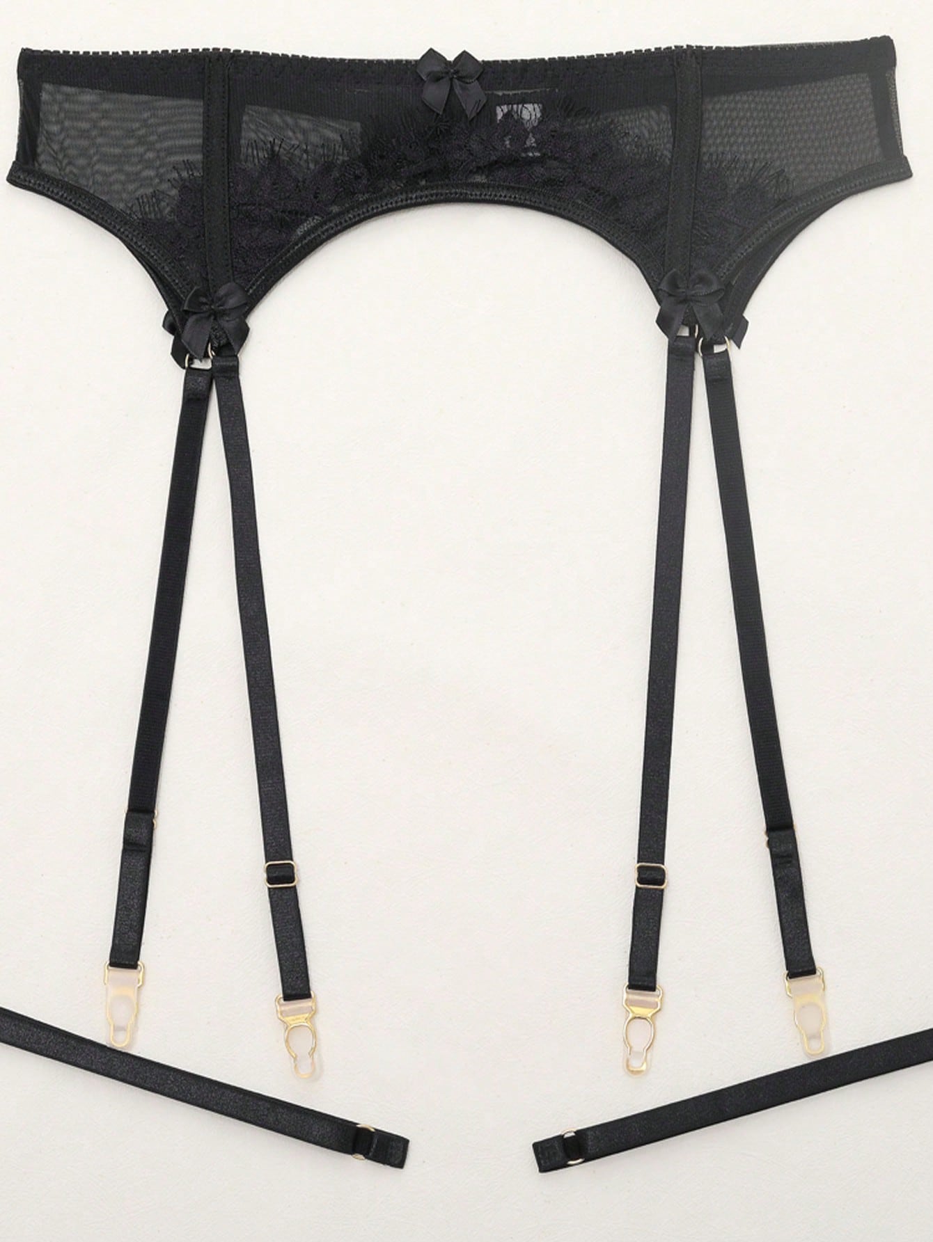 Black women's 5-piece lingerie set featuring French lace and eyelash lace with a see-through camisole, underwire 3/4 cup design, mesh fabric, and mid-rise bottoms.