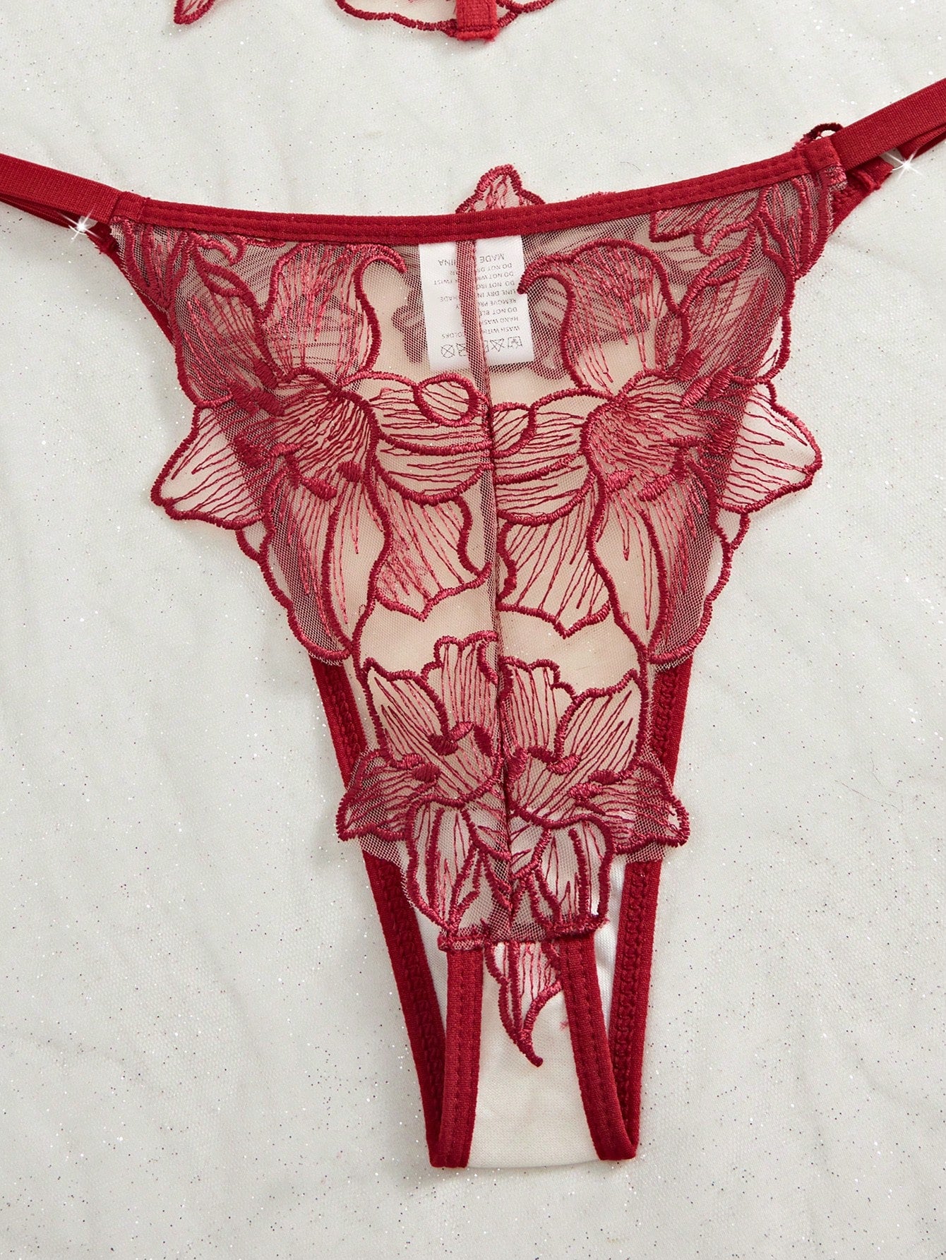 Two-piece women’s lingerie set with a sheer balconette underwire bra featuring adjustable straps and matching low-rise thong panty with embroidery and cut-out details.