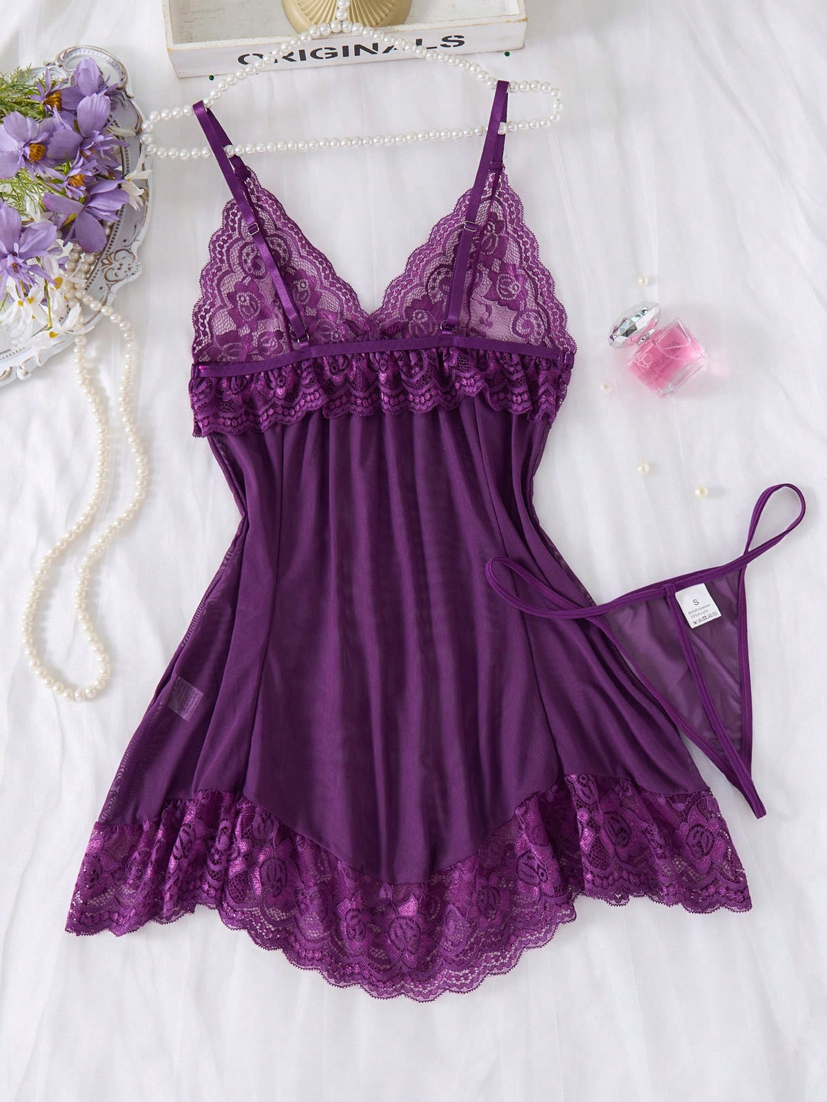 2pcs Women Sexy Solid Contrast Lace Nightdress Set, V-Neck Backless Asymmetrical Hem Camisole Dress And Thong, Comfy Sleepwear