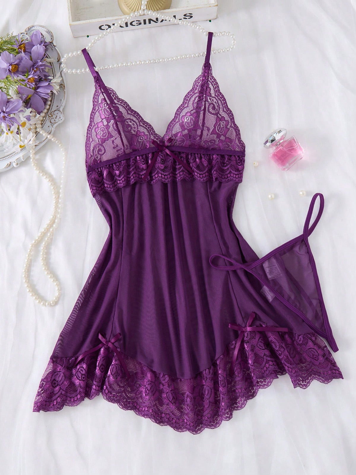 2pcs Women Sexy Solid Contrast Lace Nightdress Set, V-Neck Backless Asymmetrical Hem Camisole Dress And Thong, Comfy Sleepwear
