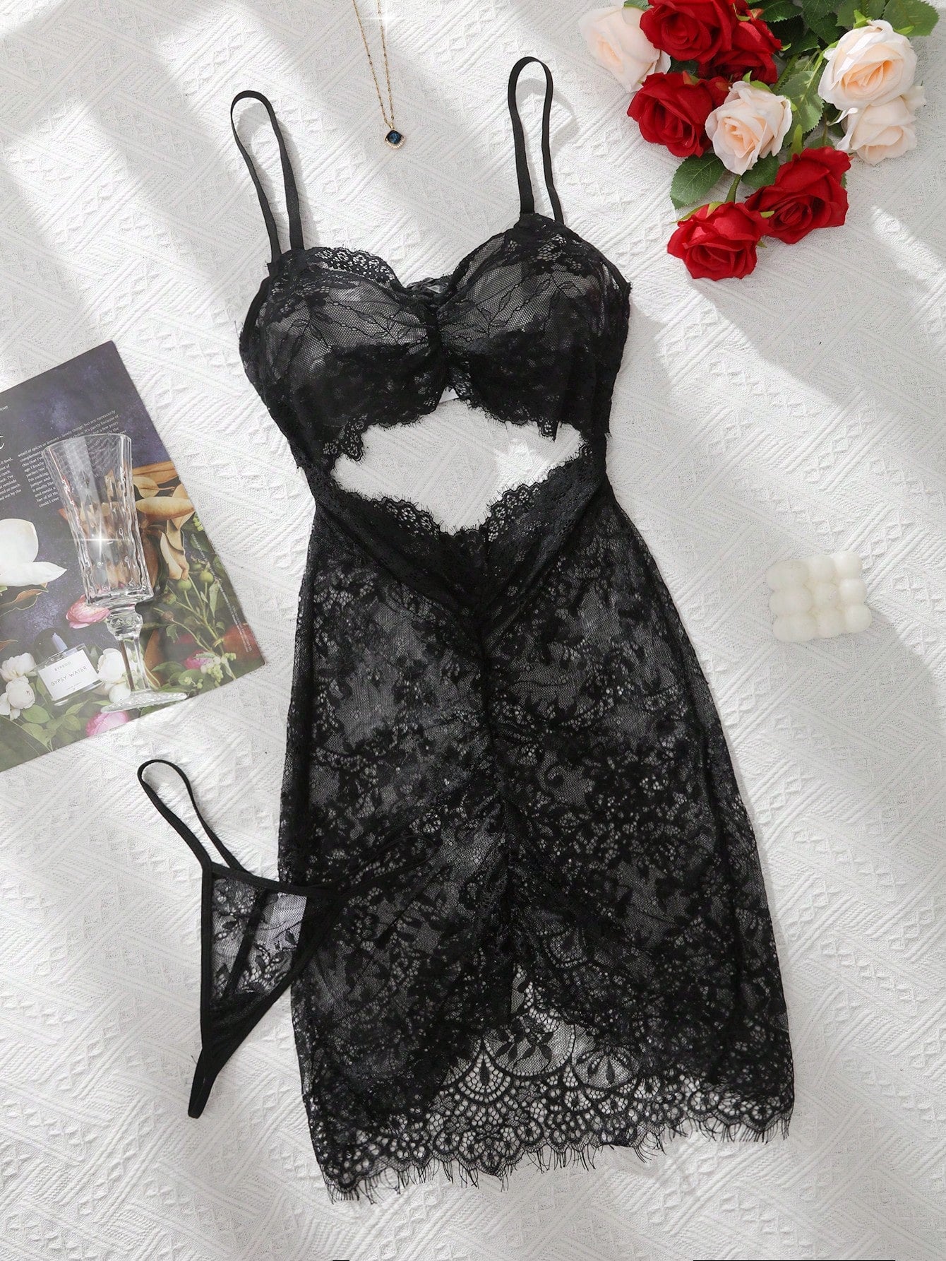 Women’s 2-piece lace wireless lingerie set featuring a camisole with adjustable spaghetti straps and a matching low-rise thong panty, with scallop contrast lace and semi-sheer plain design; available in Black and Dark Green.