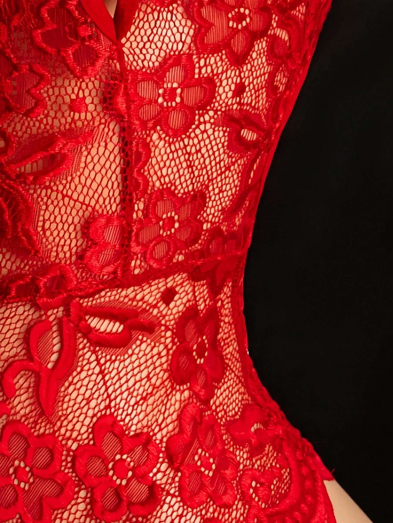 Women's sexy bodysuit with crotchless, hollow-out design, featuring contrast lace and mesh, spaghetti straps, crossback detail, plunge wireless shape, and semi-sheer fabric.